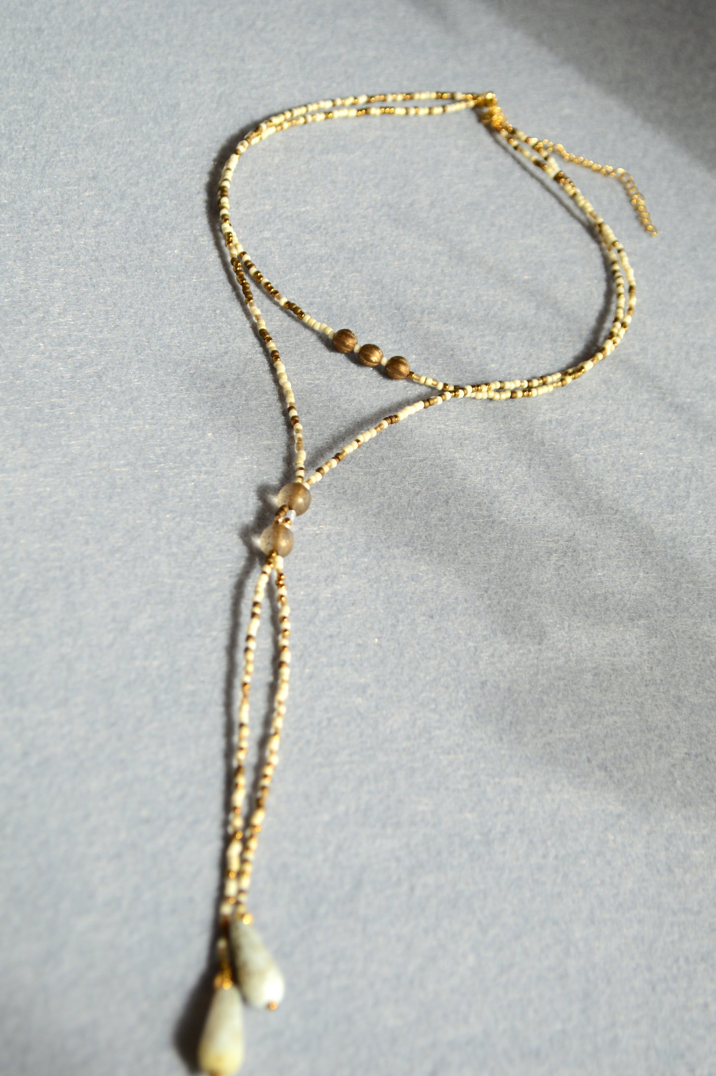 Gold Lariat Necklace with White Marble Glass Drops – Adjustable Y Necklace