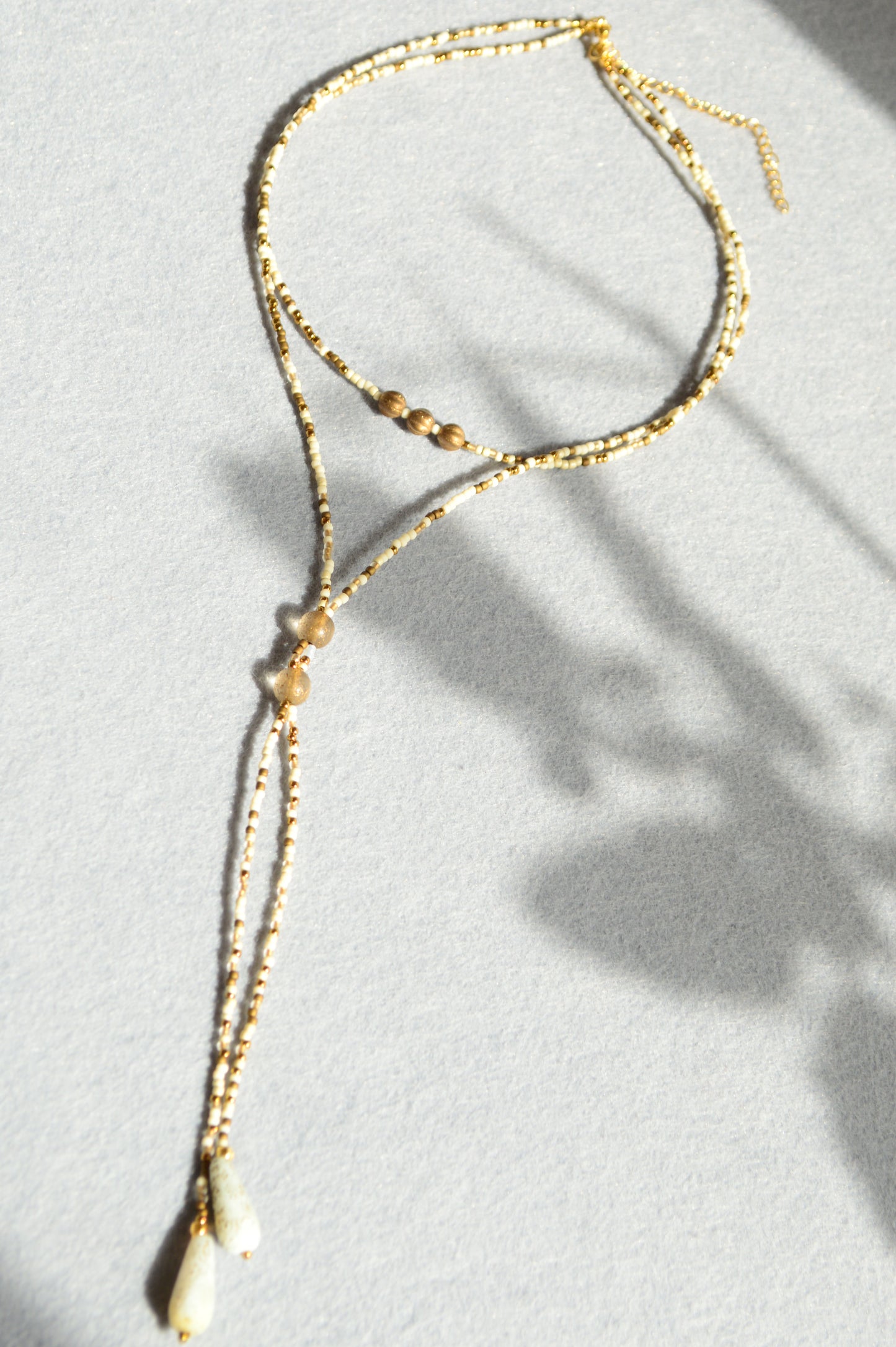 Gold Lariat Necklace with White Marble Glass Drops – Adjustable Y Necklace