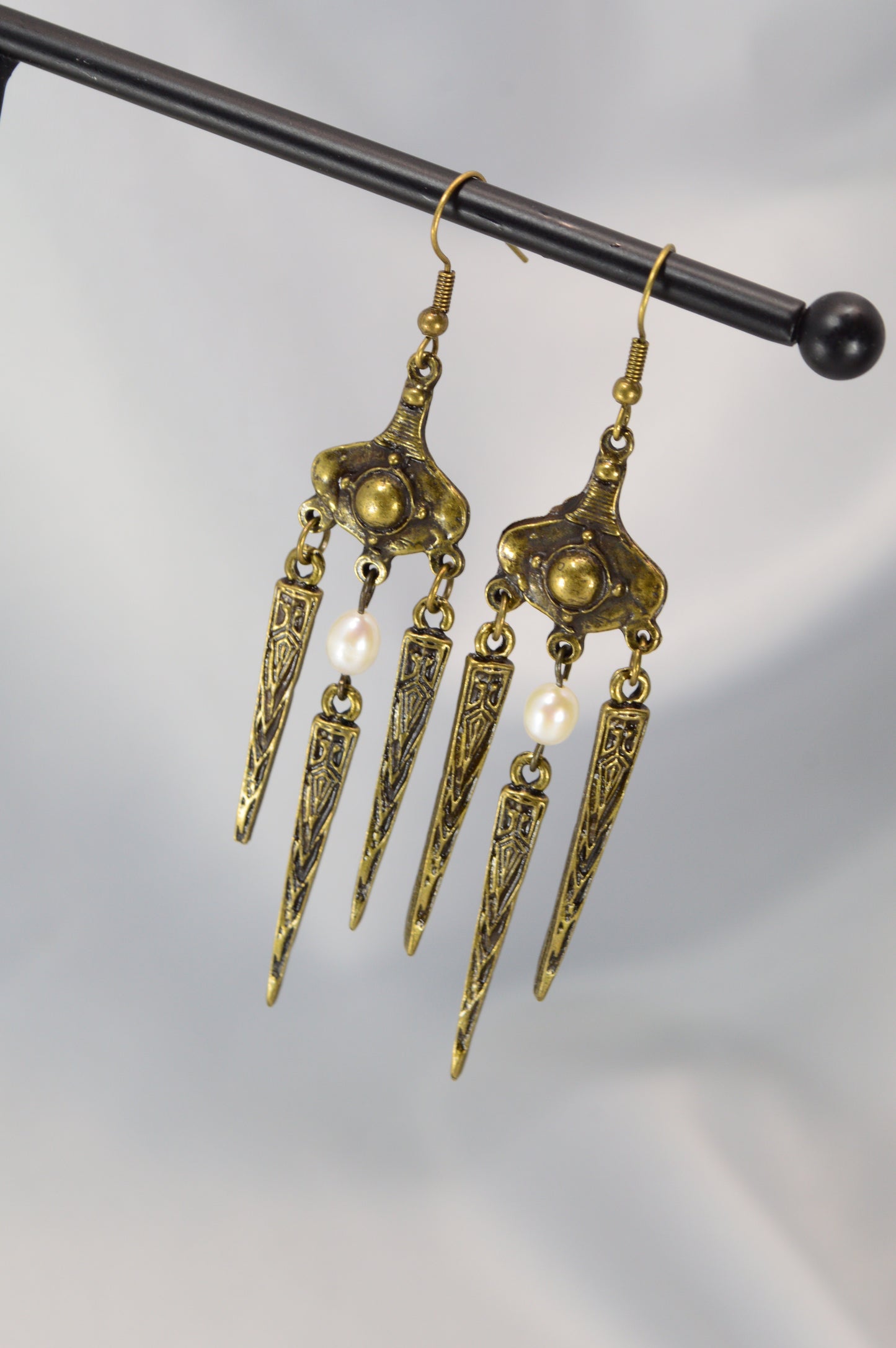 Boho Tribal Pearl Dangle Earrings in Silver & Bronze 10cm - 4"