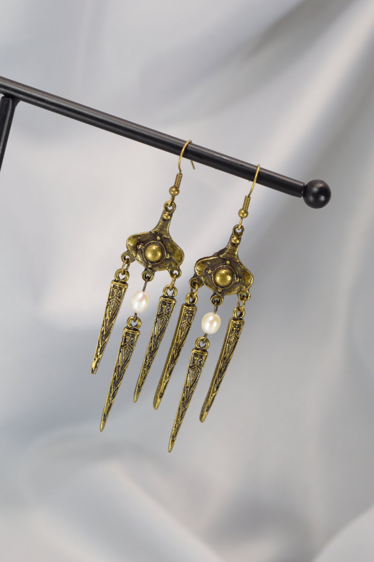 Boho Tribal Pearl Dangle Earrings in Silver & Bronze 10cm - 4"