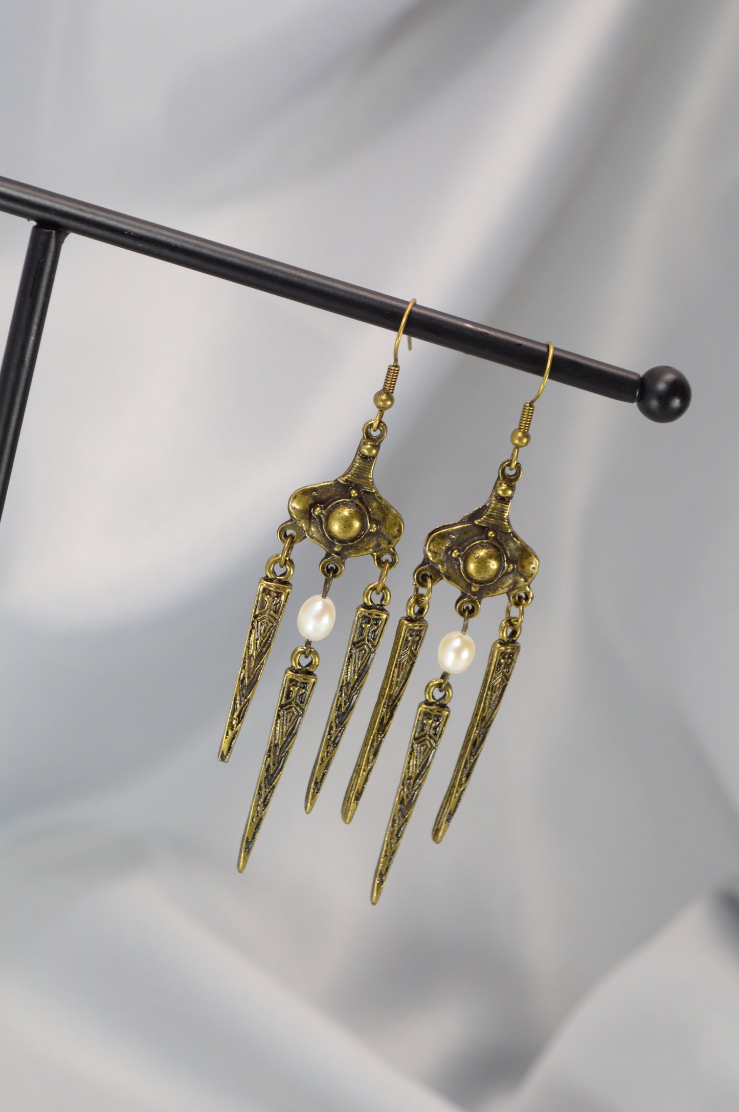 Boho Tribal Pearl Dangle Earrings in Silver & Bronze 10cm - 4"