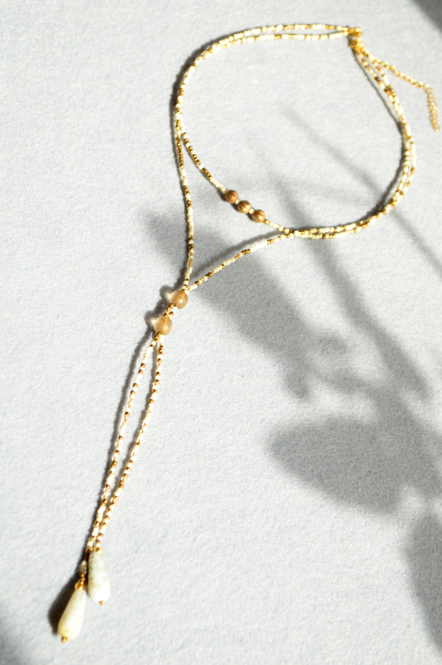 Gold Lariat Necklace with White Marble Glass Drops – Adjustable Y Necklace