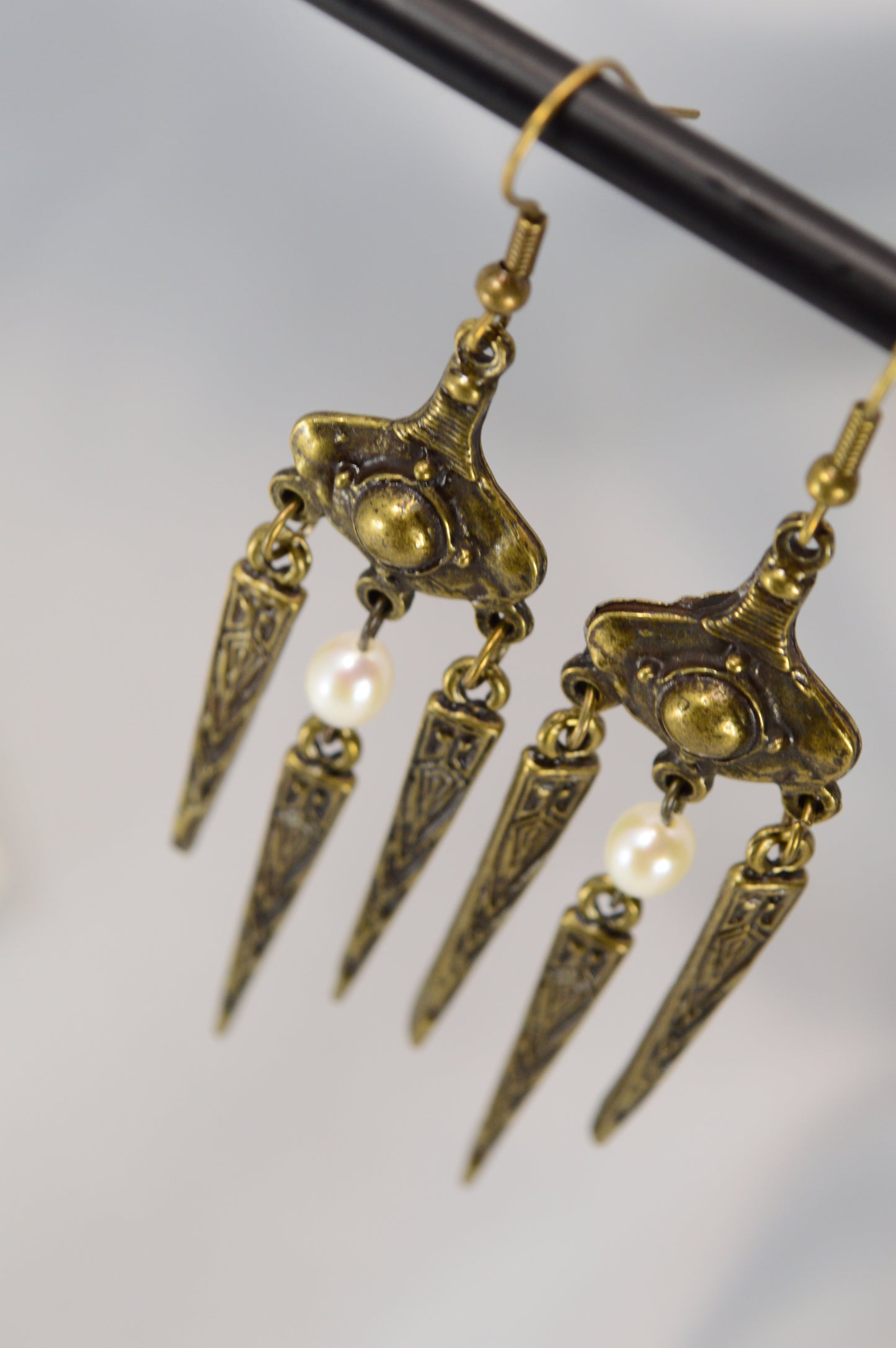 Boho Tribal Pearl Dangle Earrings in Silver & Bronze 10cm - 4"