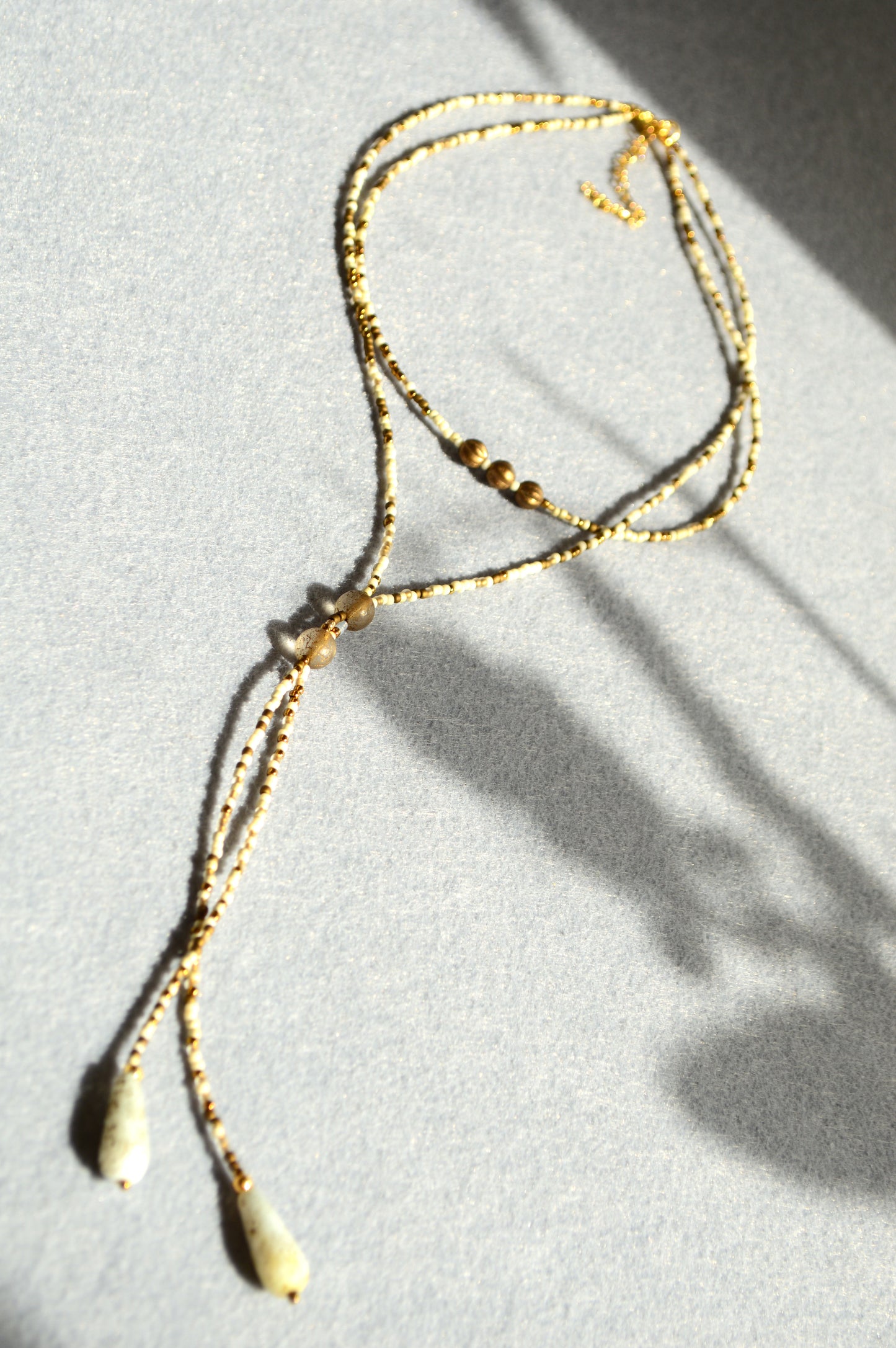 Gold Lariat Necklace with White Marble Glass Drops – Adjustable Y Necklace