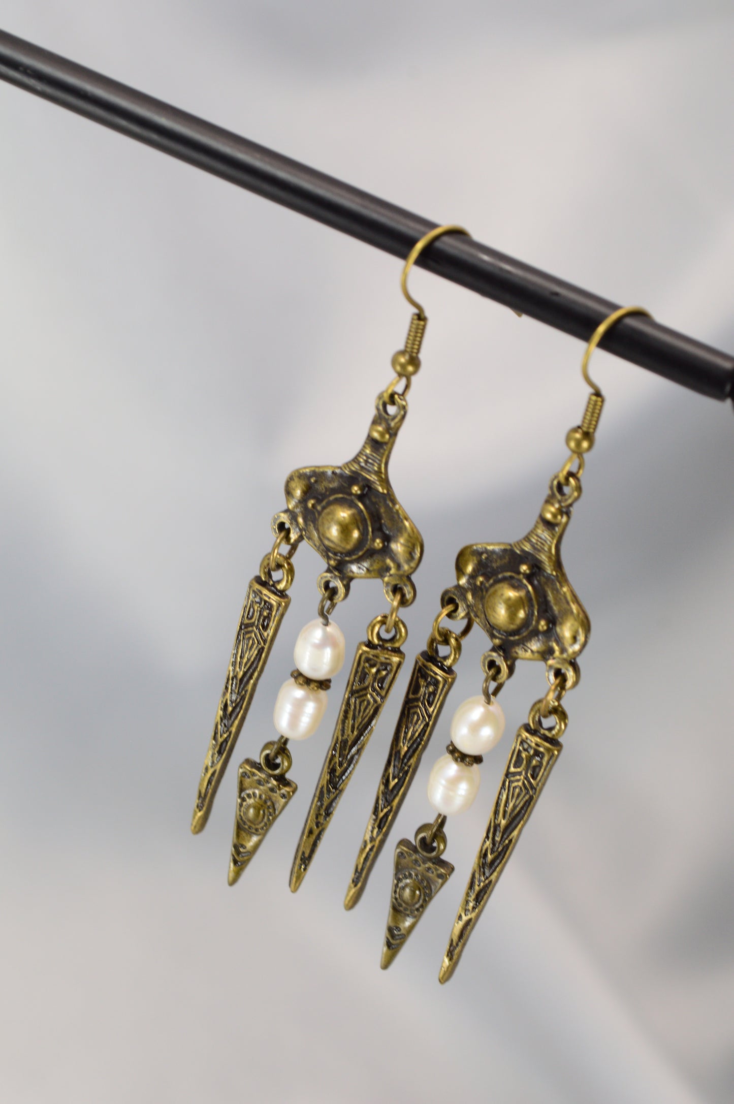 Boho Tribal Pearl Spike Earrings – Bronze – 8 cm / 3.1"