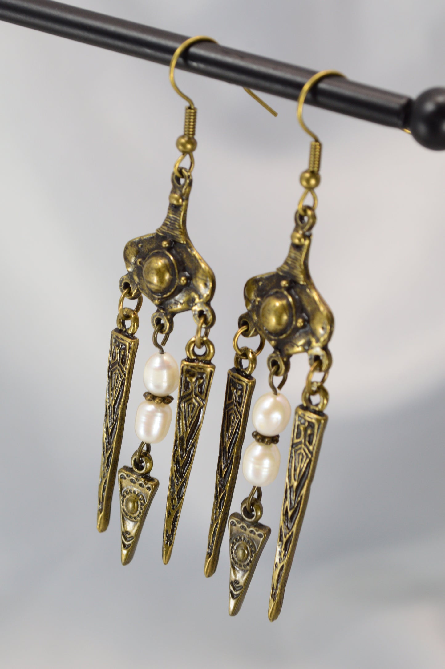 Boho Tribal Pearl Spike Earrings – Bronze – 8 cm / 3.1"