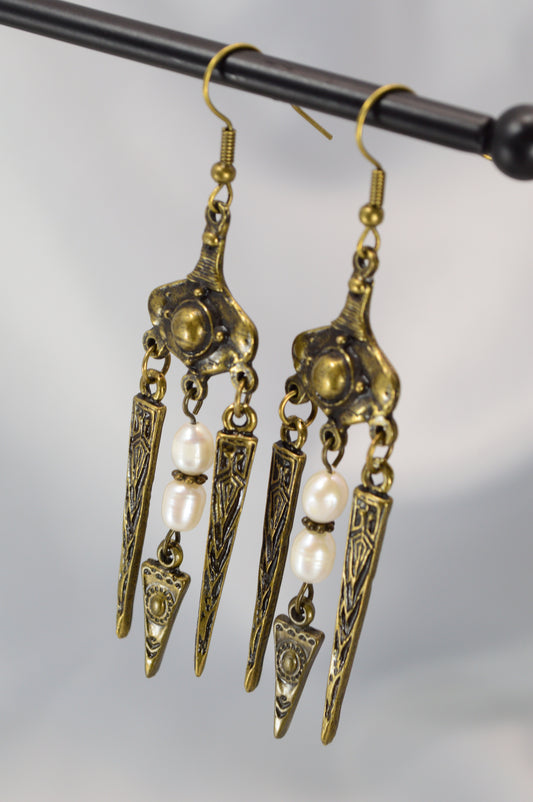Boho Tribal Pearl Spike Earrings – Bronze – 8 cm / 3.1"