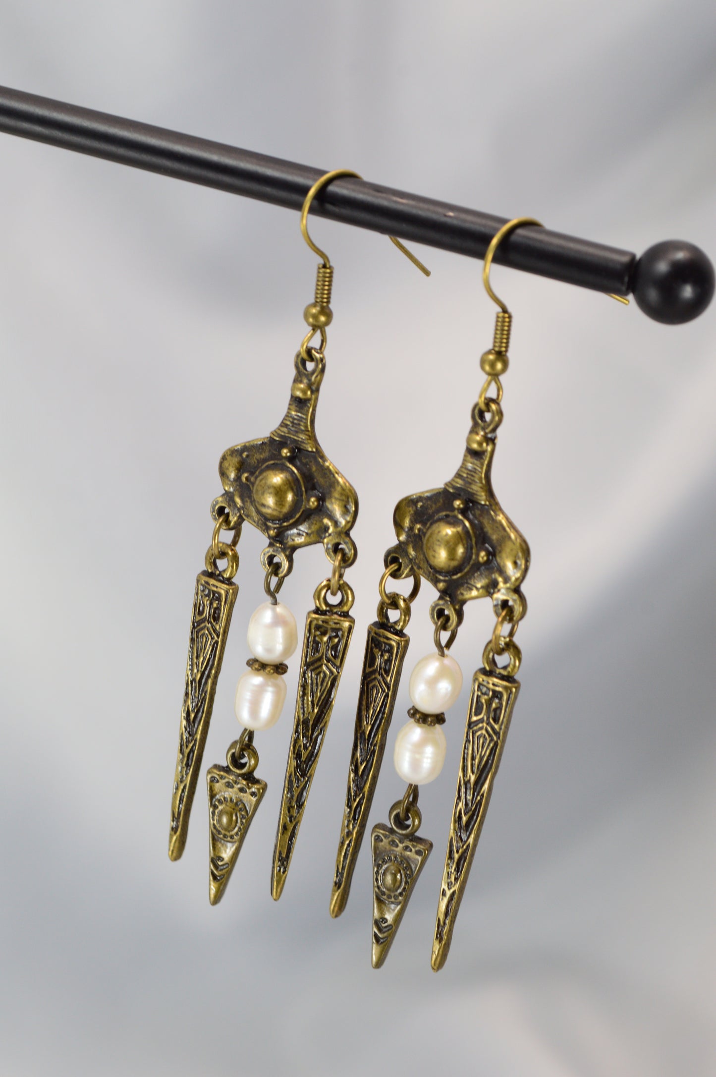 Boho Tribal Pearl Spike Earrings – Bronze – 8 cm / 3.1"