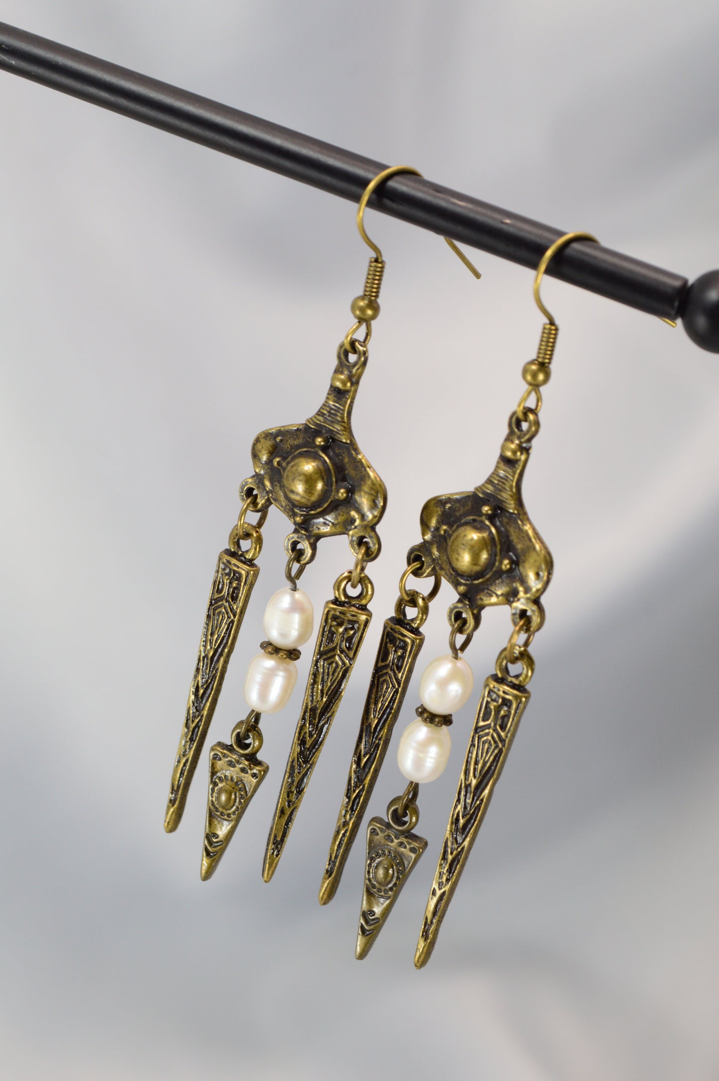 Boho Tribal Pearl Spike Earrings – Bronze – 8 cm / 3.1"