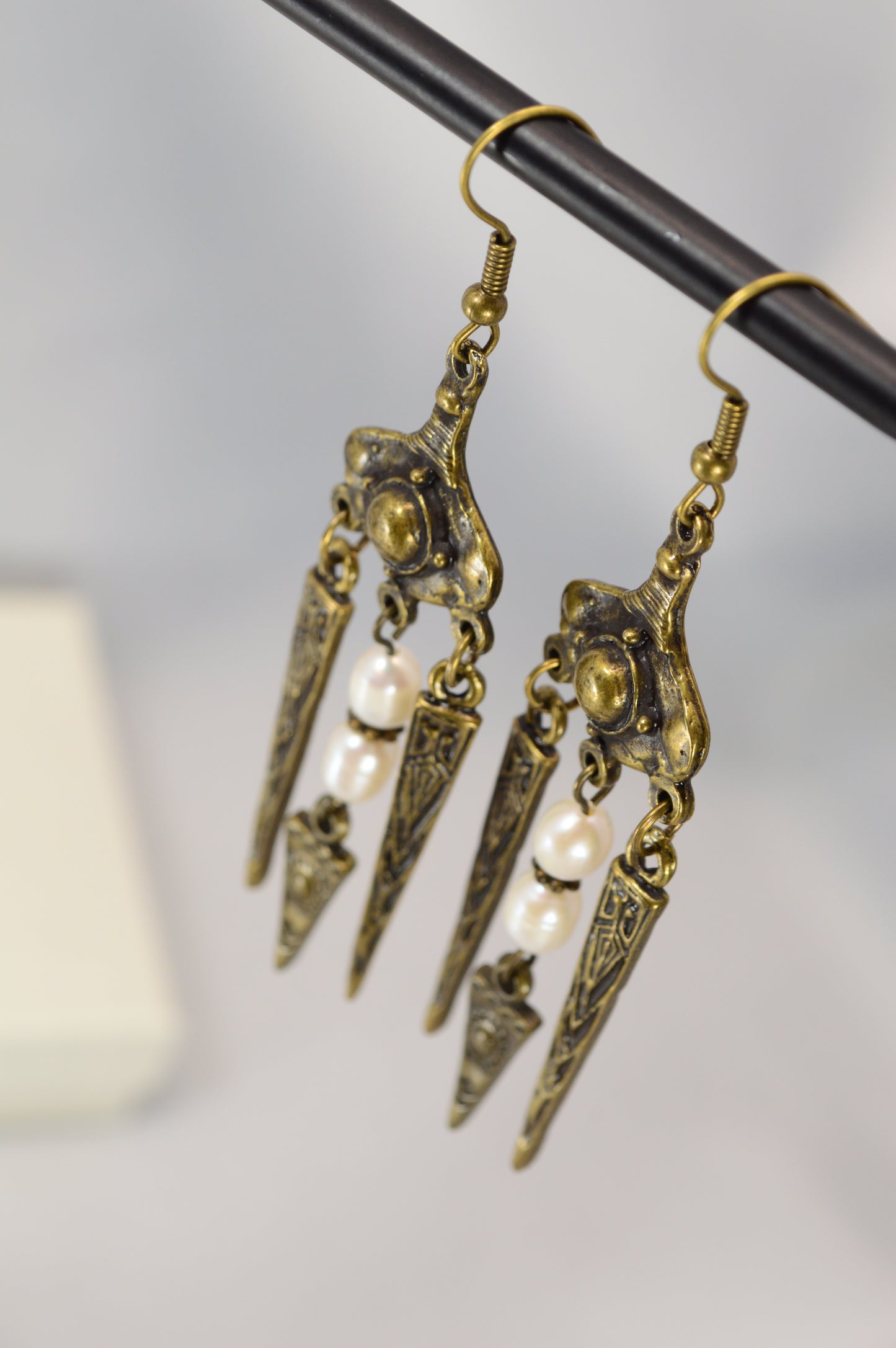 Boho Tribal Pearl Spike Earrings – Bronze – 8 cm / 3.1"