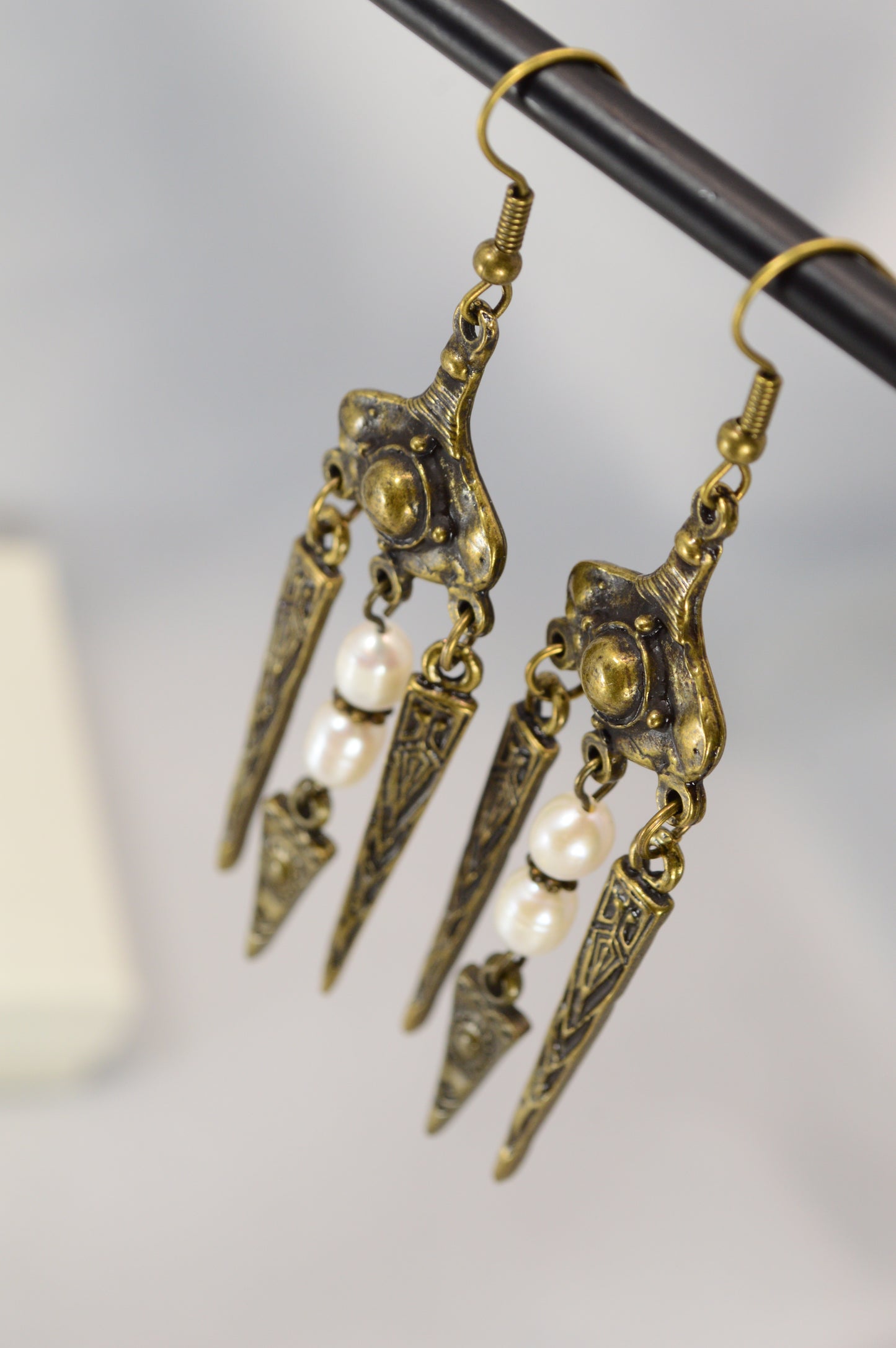 Boho Tribal Pearl Spike Earrings – Bronze – 8 cm / 3.1"