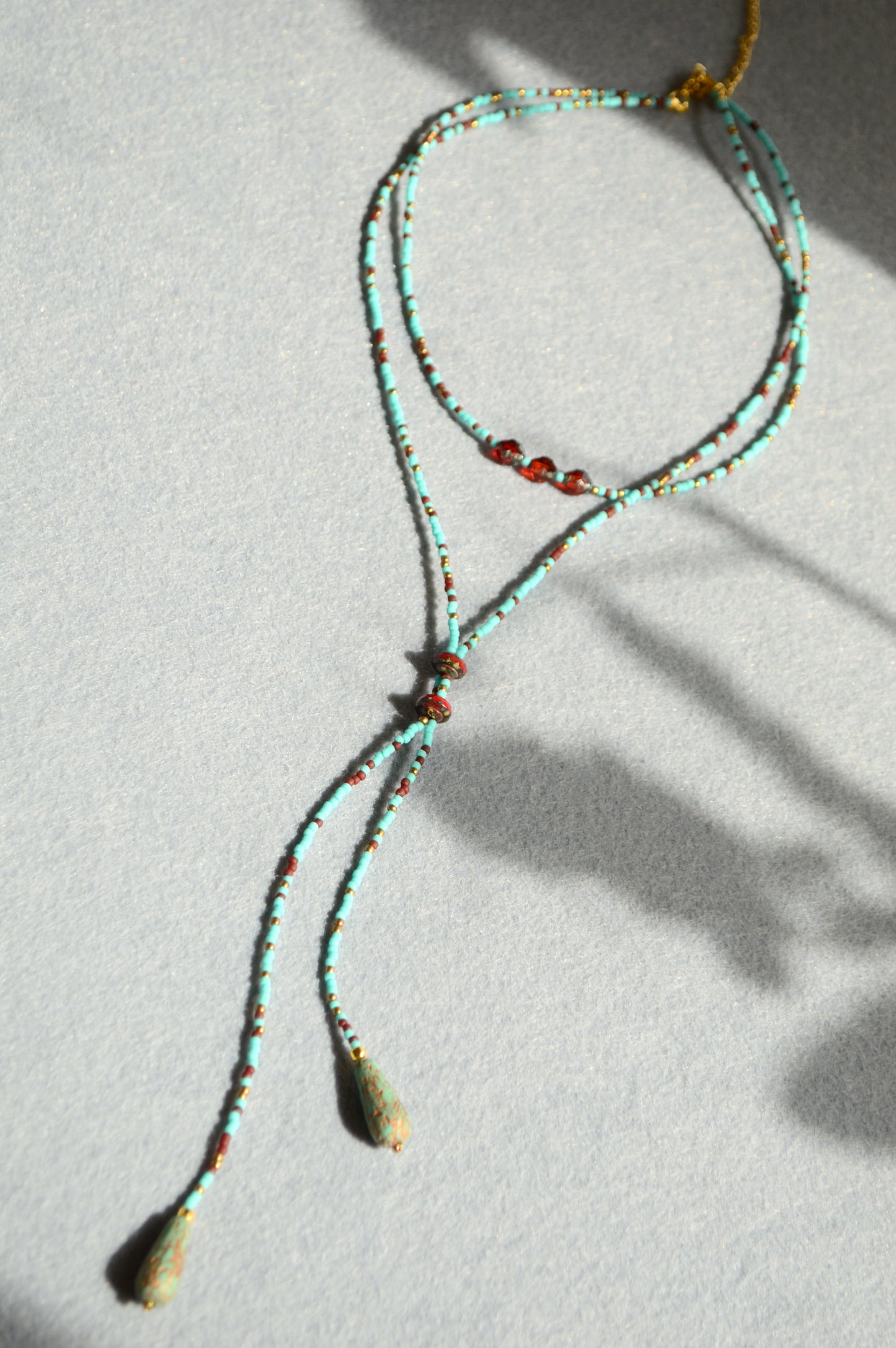 Turquoise Beaded Lariat Necklace with Glass Beads – Adjustable Boho Y Necklace