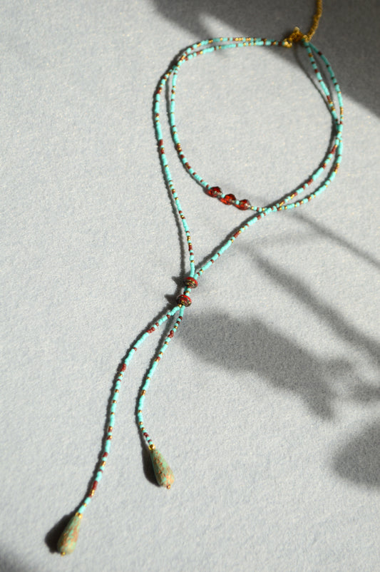 Collier lariat turquoise en rocailles avec perles en verre – Collier Y bohème réglable
