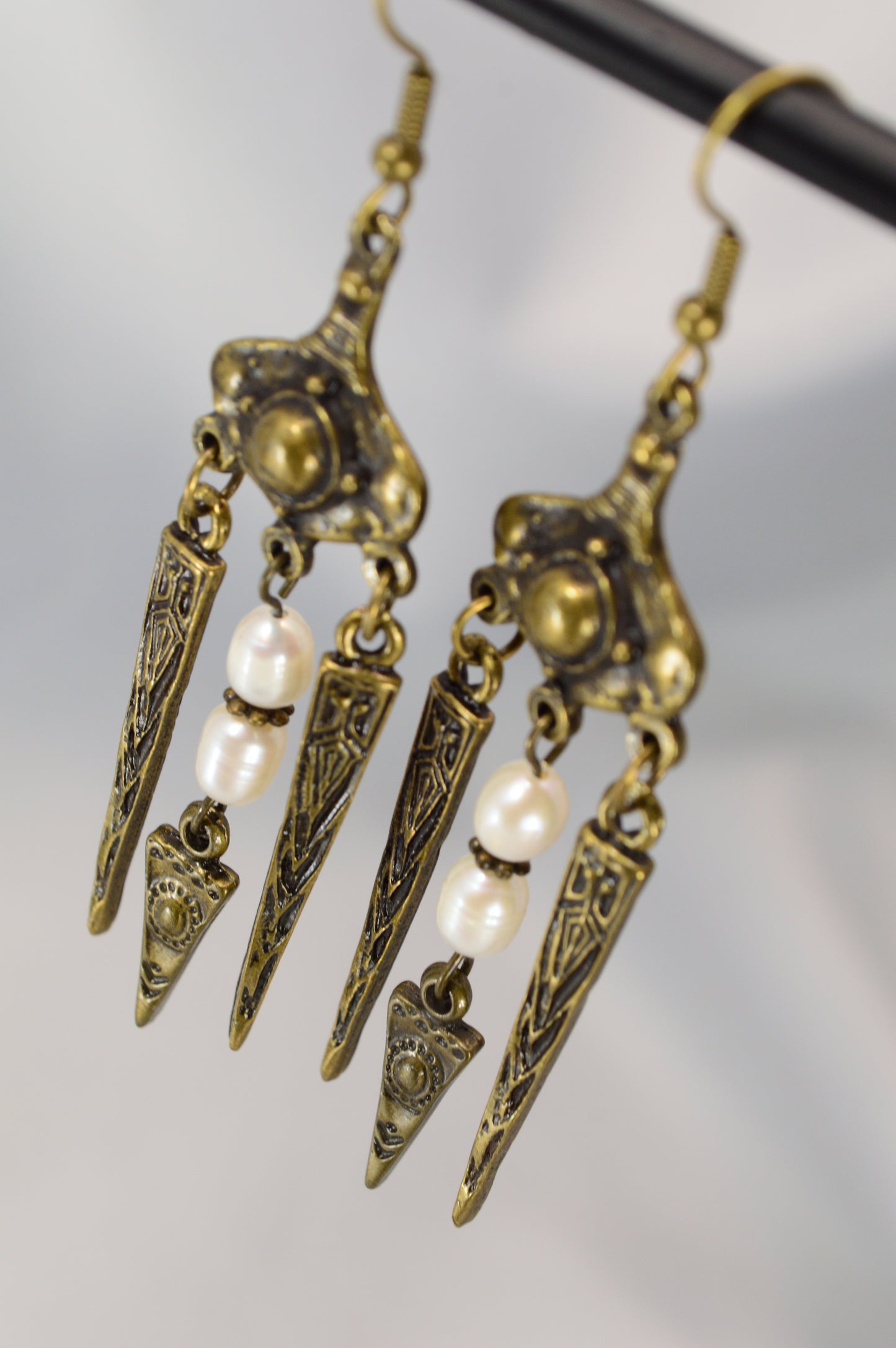 Boho Tribal Pearl Spike Earrings – Bronze – 8 cm / 3.1"