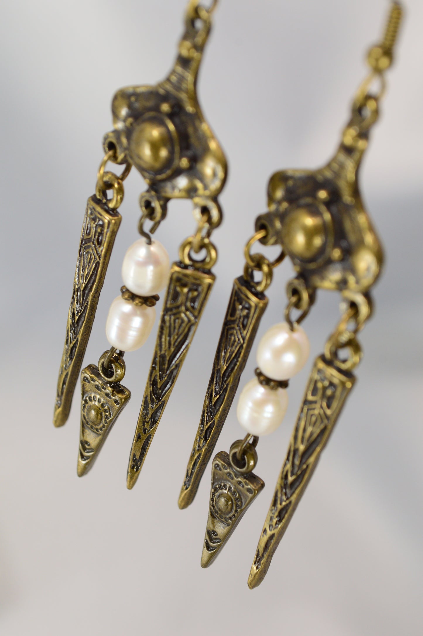 Boho Tribal Pearl Spike Earrings – Bronze – 8 cm / 3.1"
