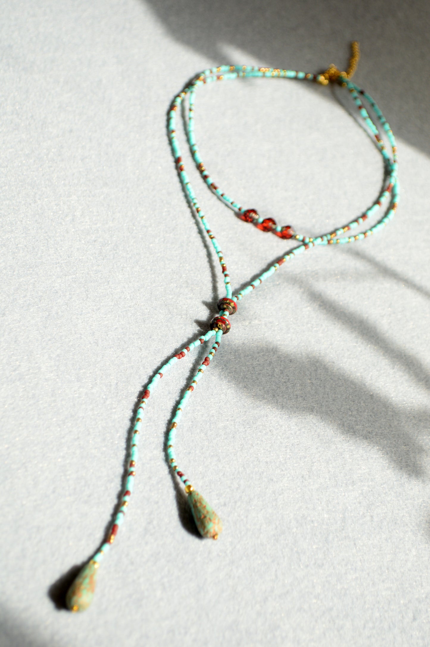 Turquoise Beaded Lariat Necklace with Glass Beads – Adjustable Boho Y Necklace