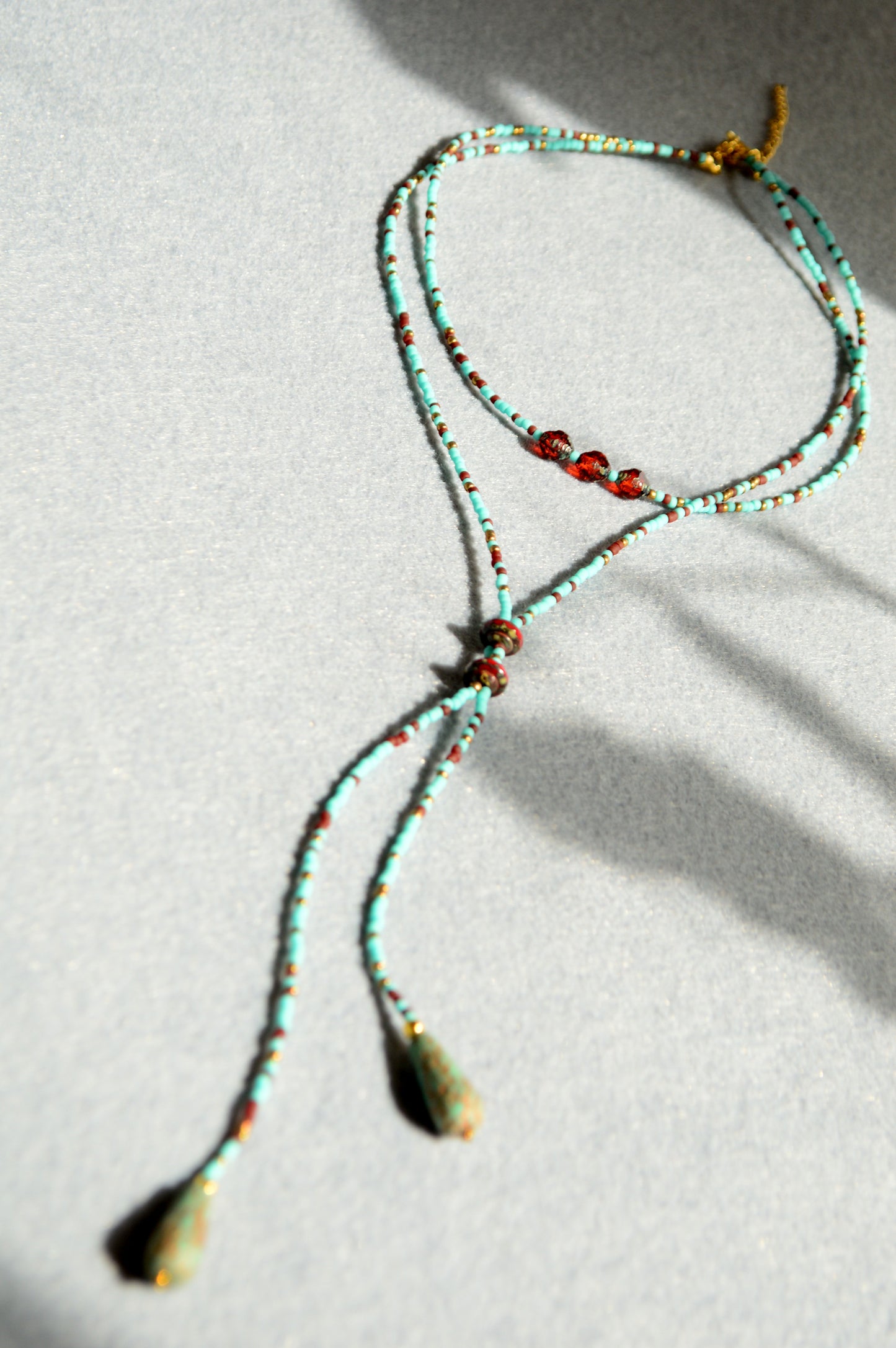 Turquoise Beaded Lariat Necklace with Glass Beads – Adjustable Boho Y Necklace
