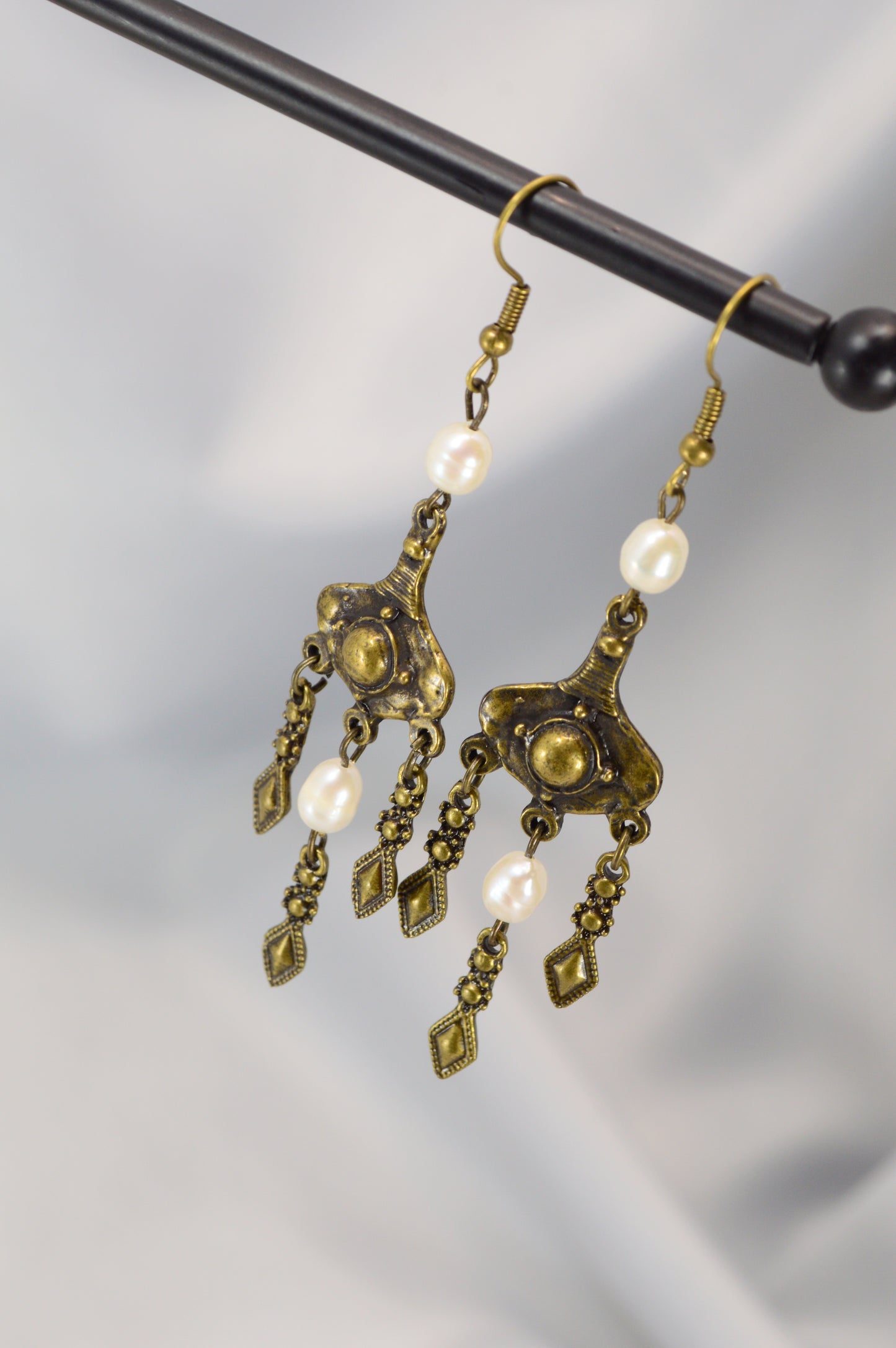 Boho Pearl Dangle Earrings in Bronze & Copper – 8 cm / 3.1