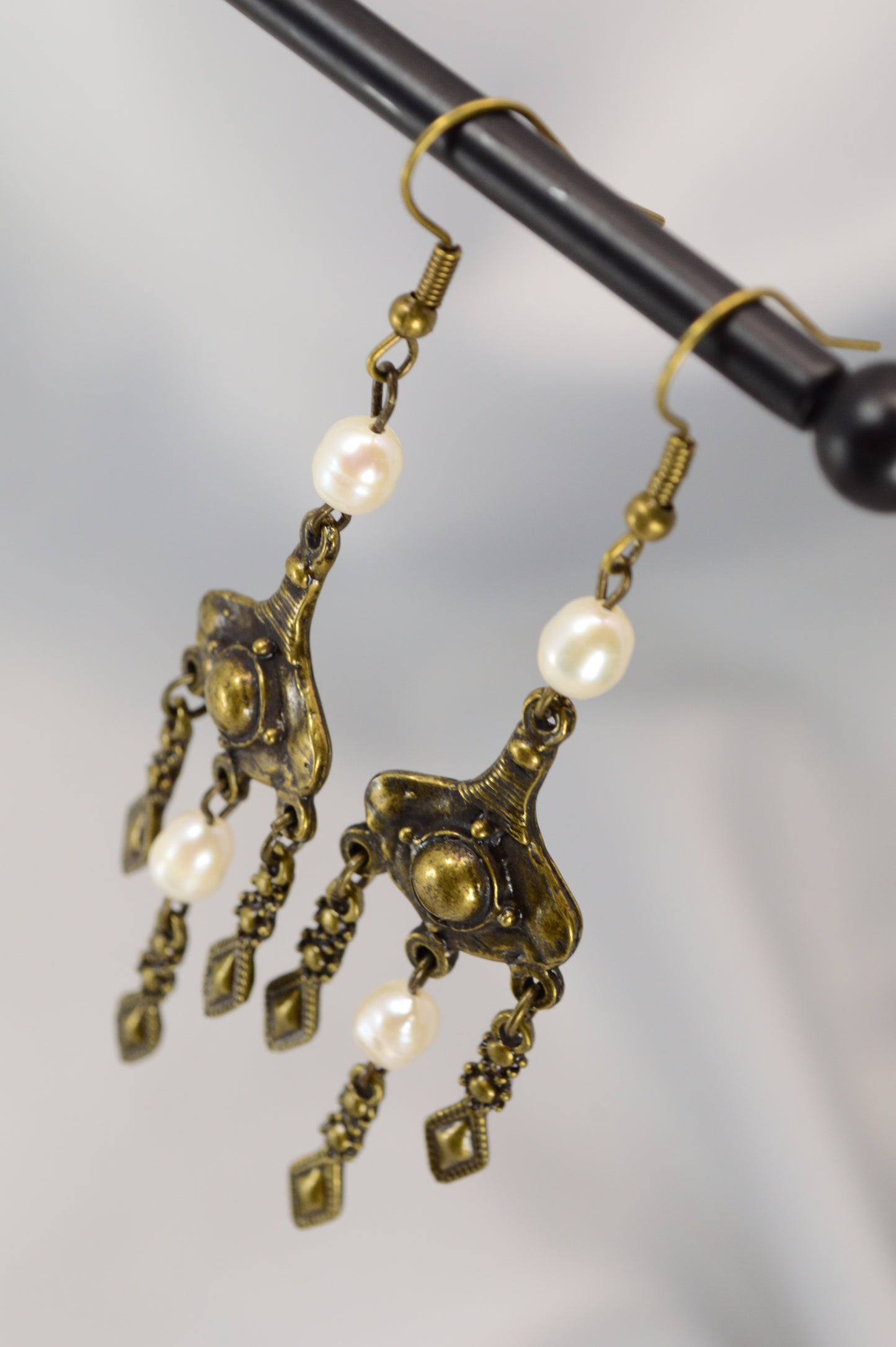 Boho Pearl Dangle Earrings in Bronze & Copper – 8 cm / 3.1