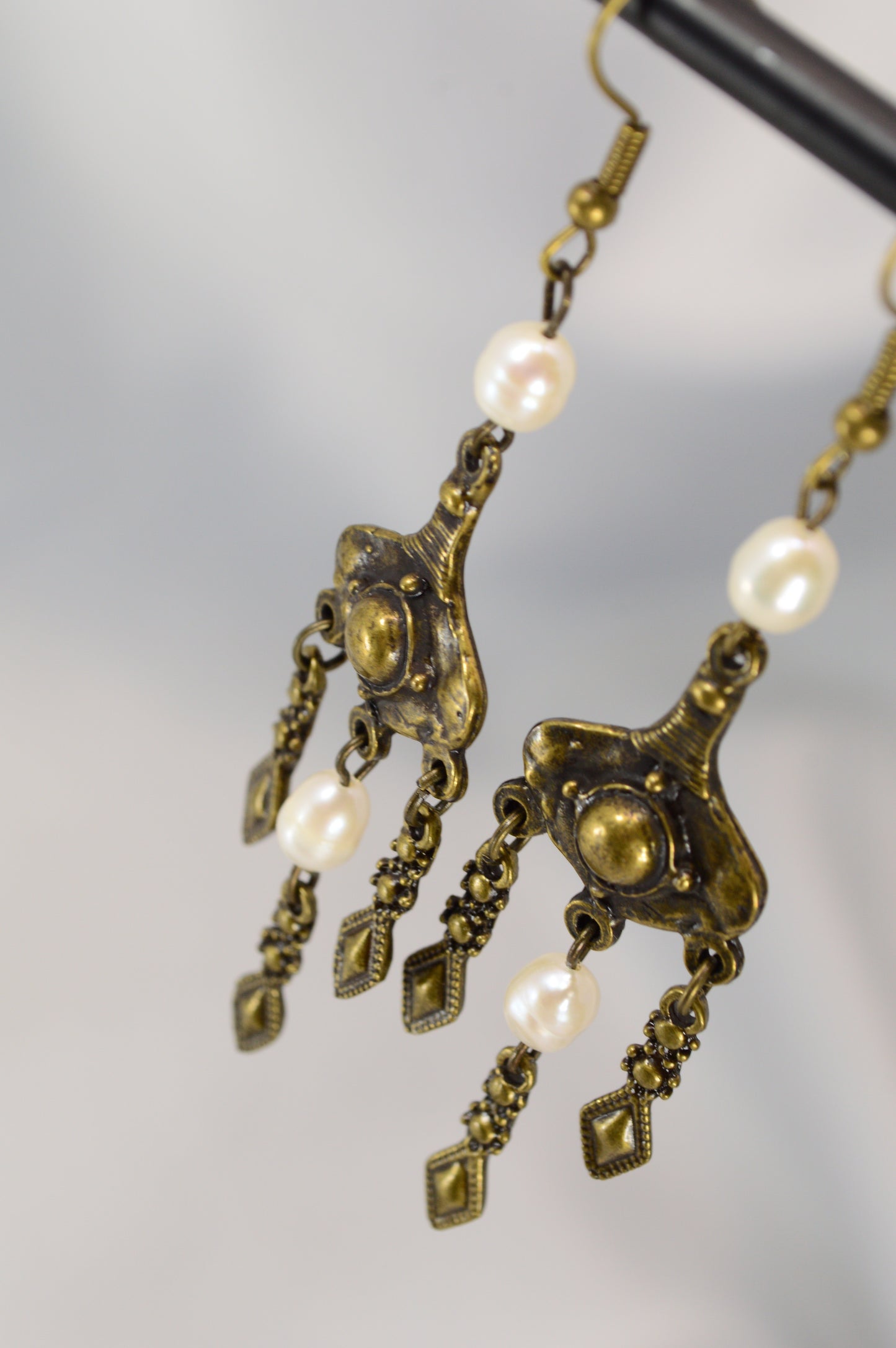 Boho Pearl Dangle Earrings in Bronze & Copper – 8 cm / 3.1