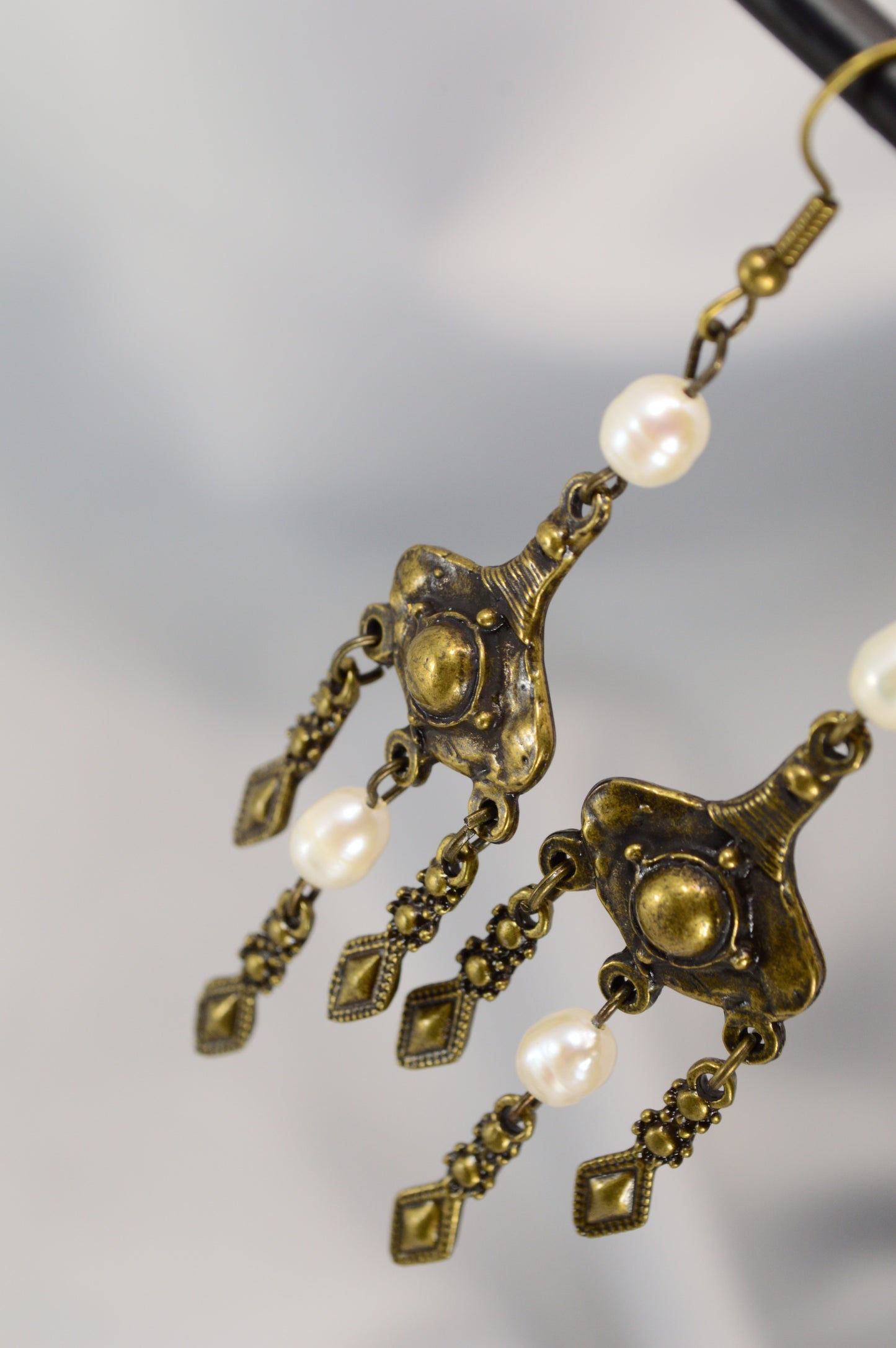 Boho Pearl Dangle Earrings in Bronze & Copper – 8 cm / 3.1