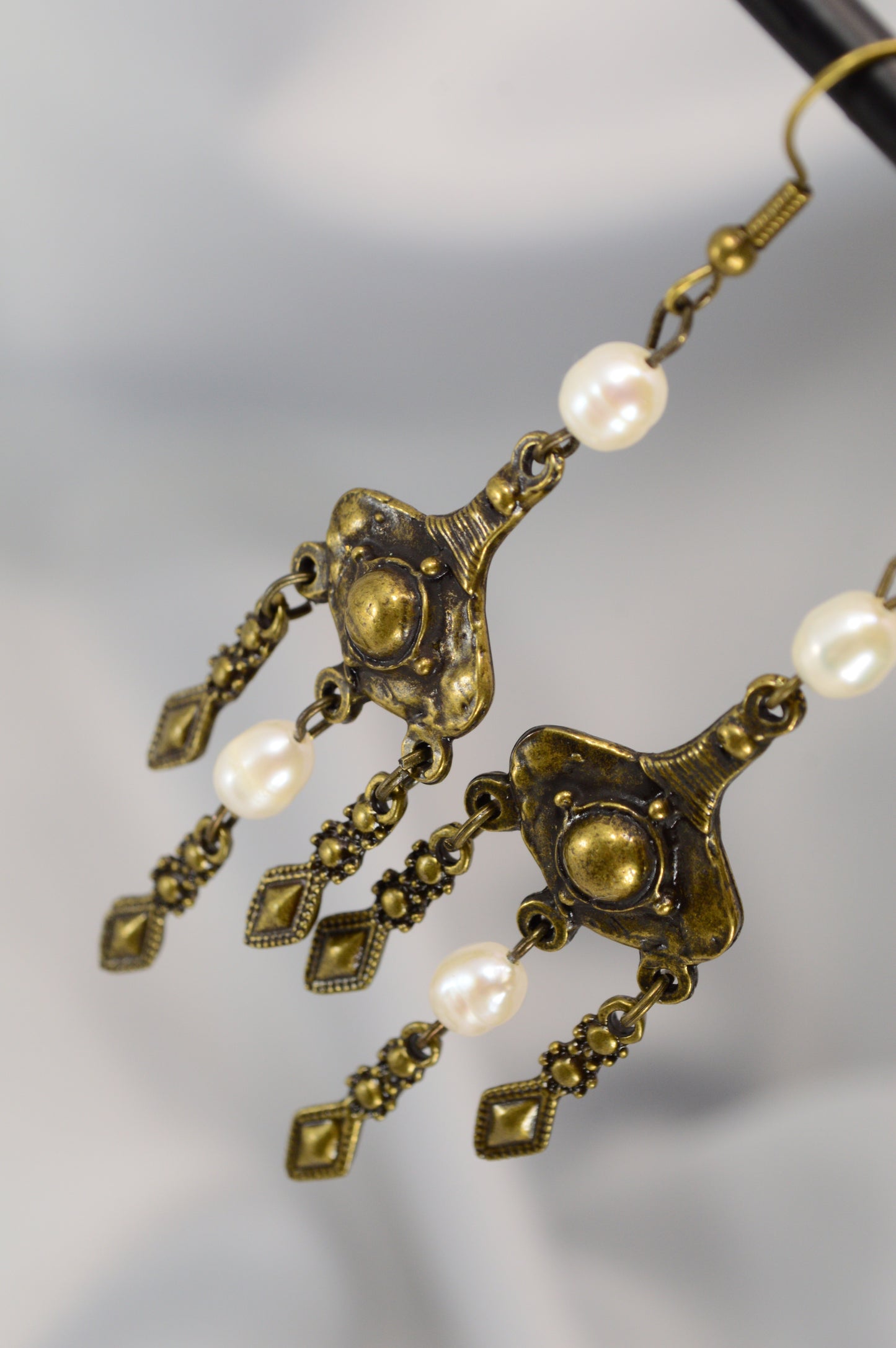 Boho Pearl Dangle Earrings in Bronze & Copper – 8 cm / 3.1