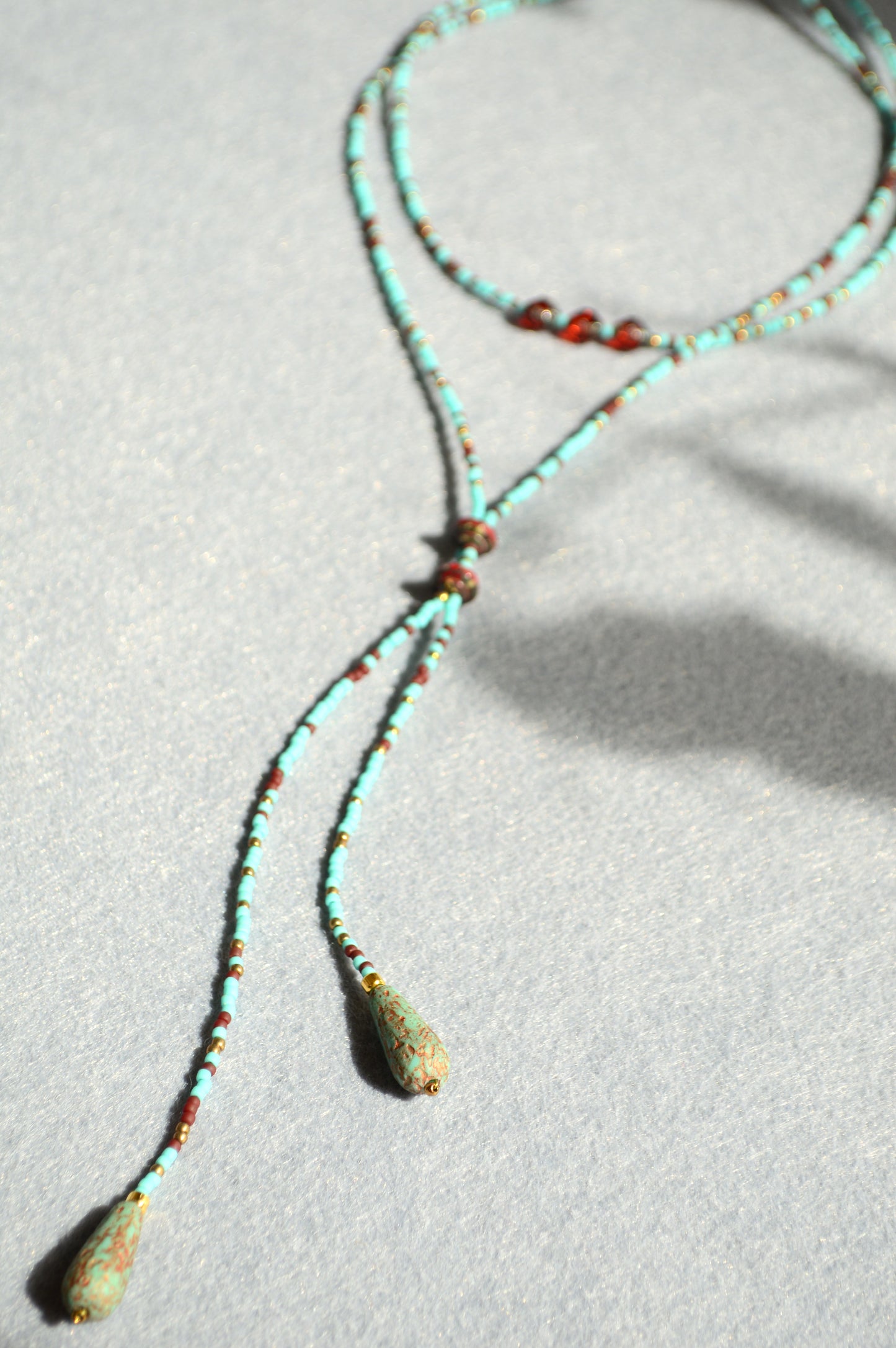 Turquoise Beaded Lariat Necklace with Glass Beads – Adjustable Boho Y Necklace