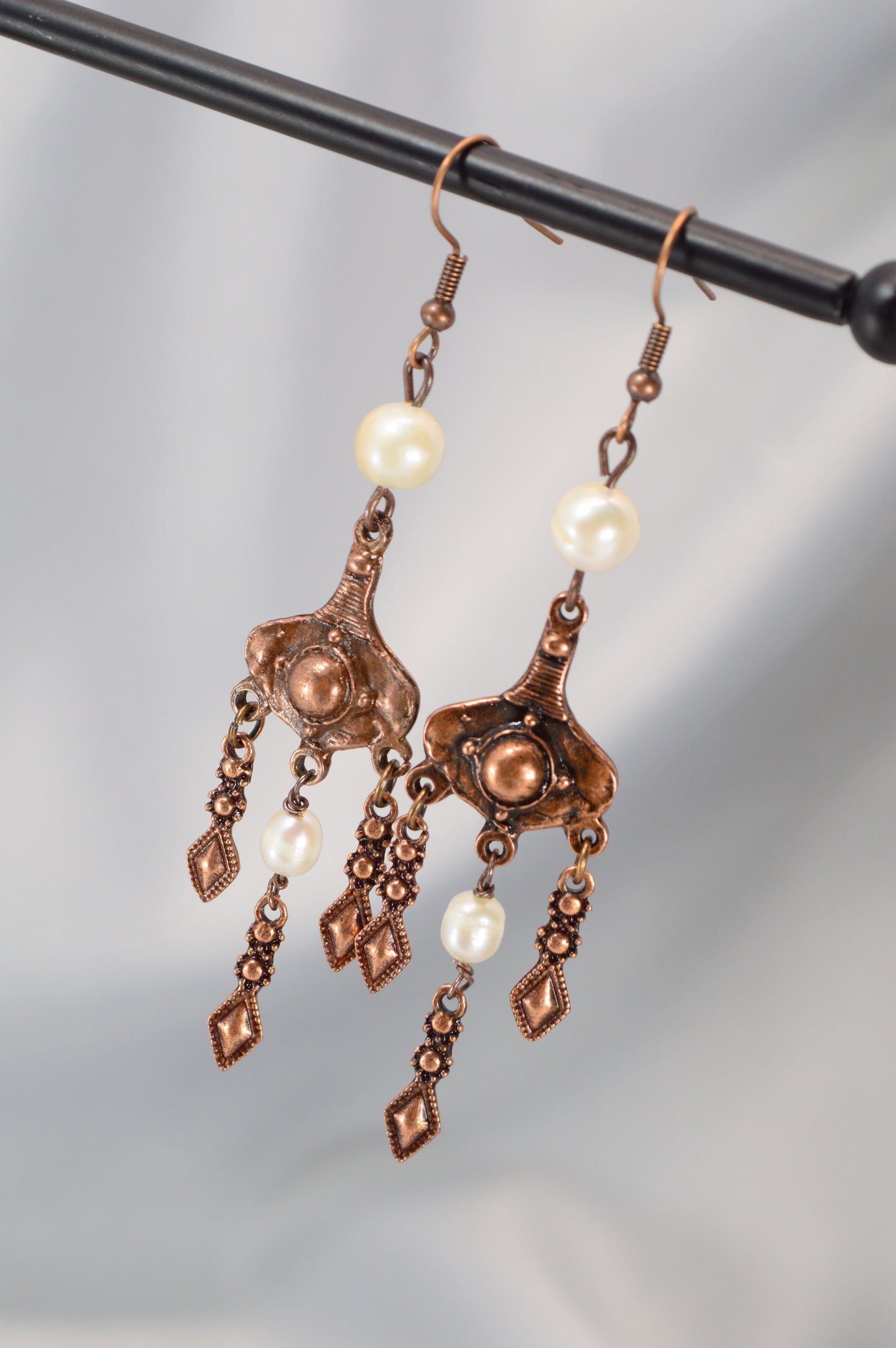 Boho Pearl Dangle Earrings in Bronze & Copper – 8 cm / 3.1
