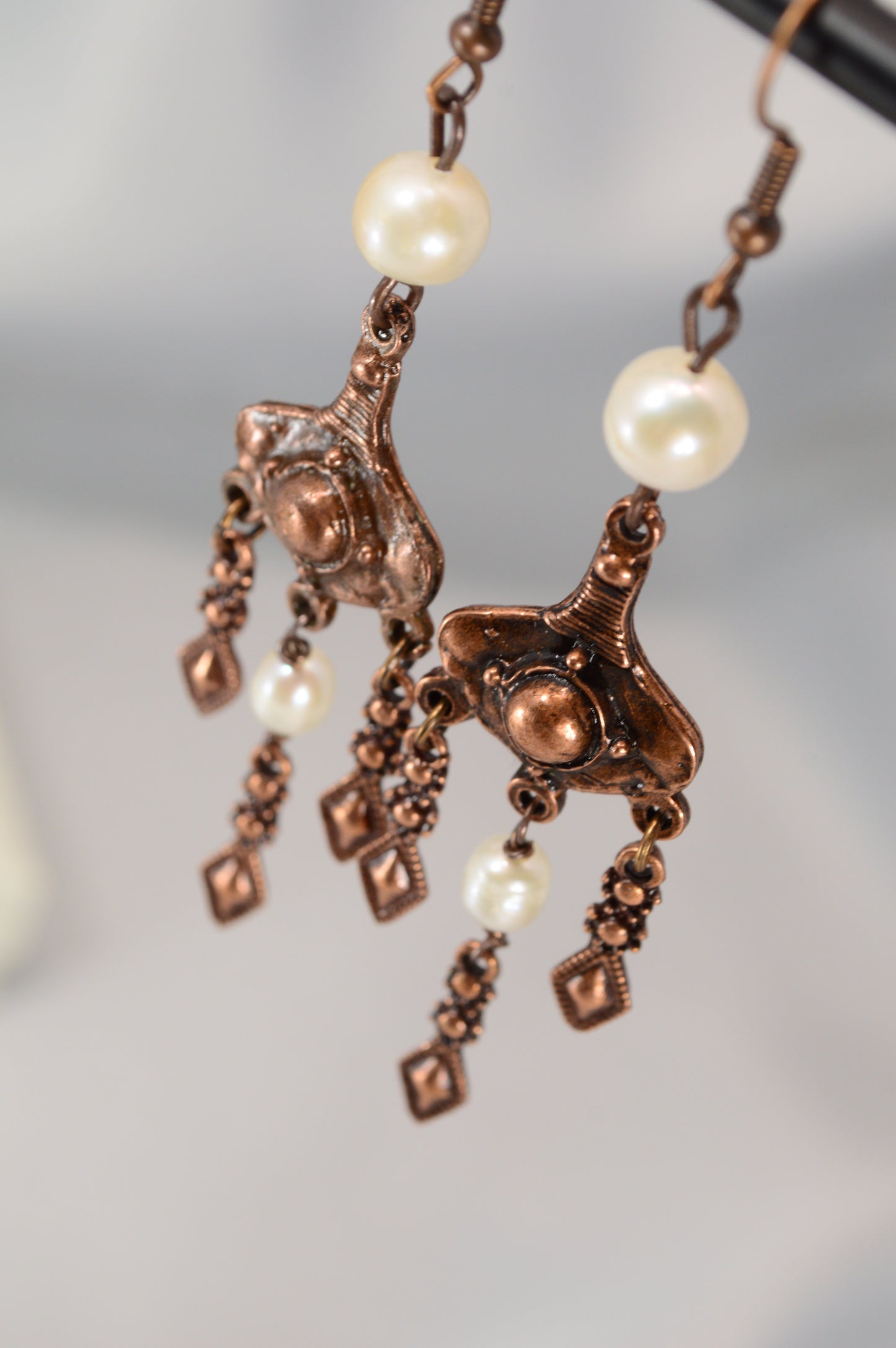 Boho Pearl Dangle Earrings in Bronze & Copper – 8 cm / 3.1