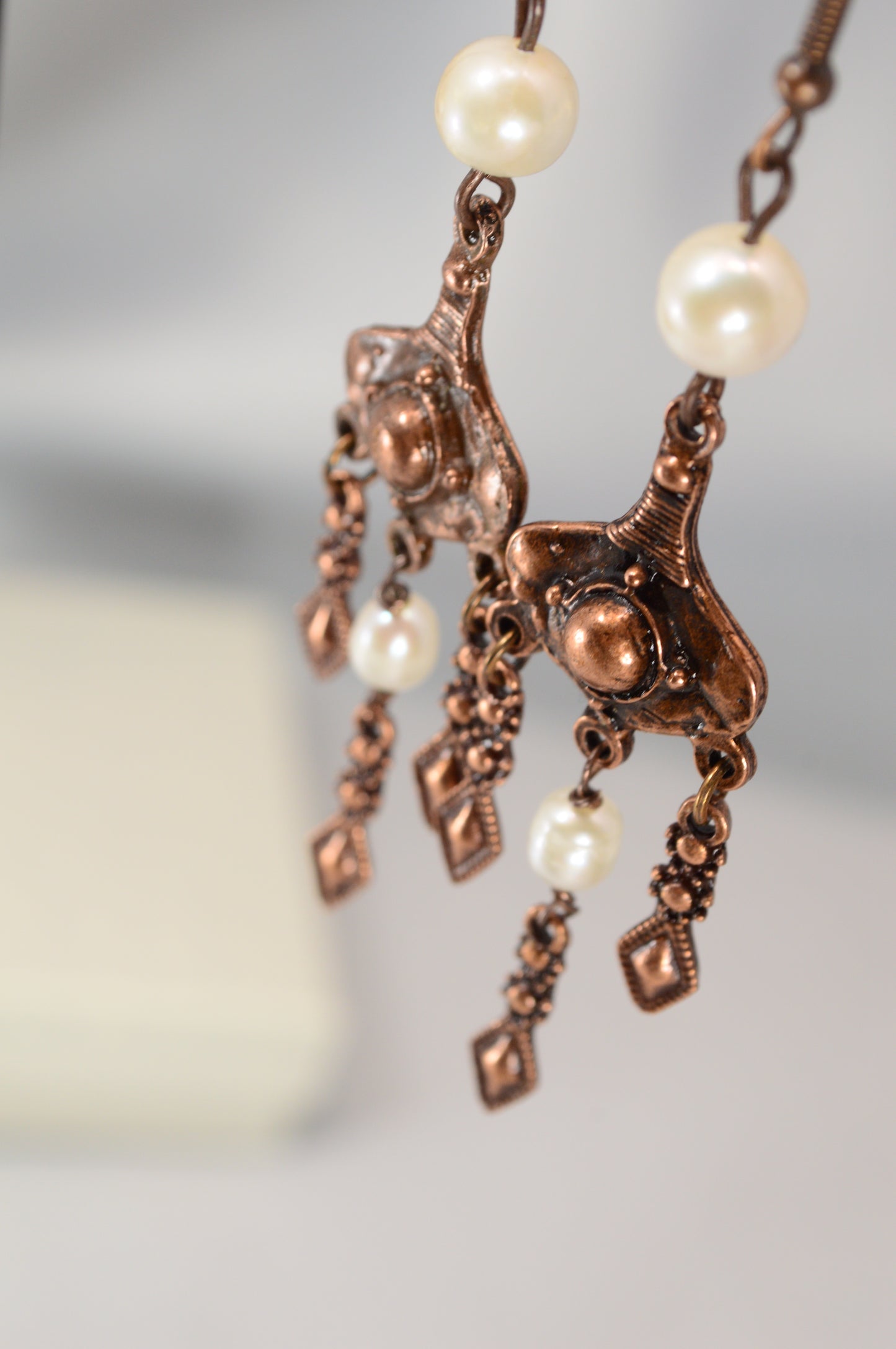 Boho Pearl Dangle Earrings in Bronze & Copper – 8 cm / 3.1