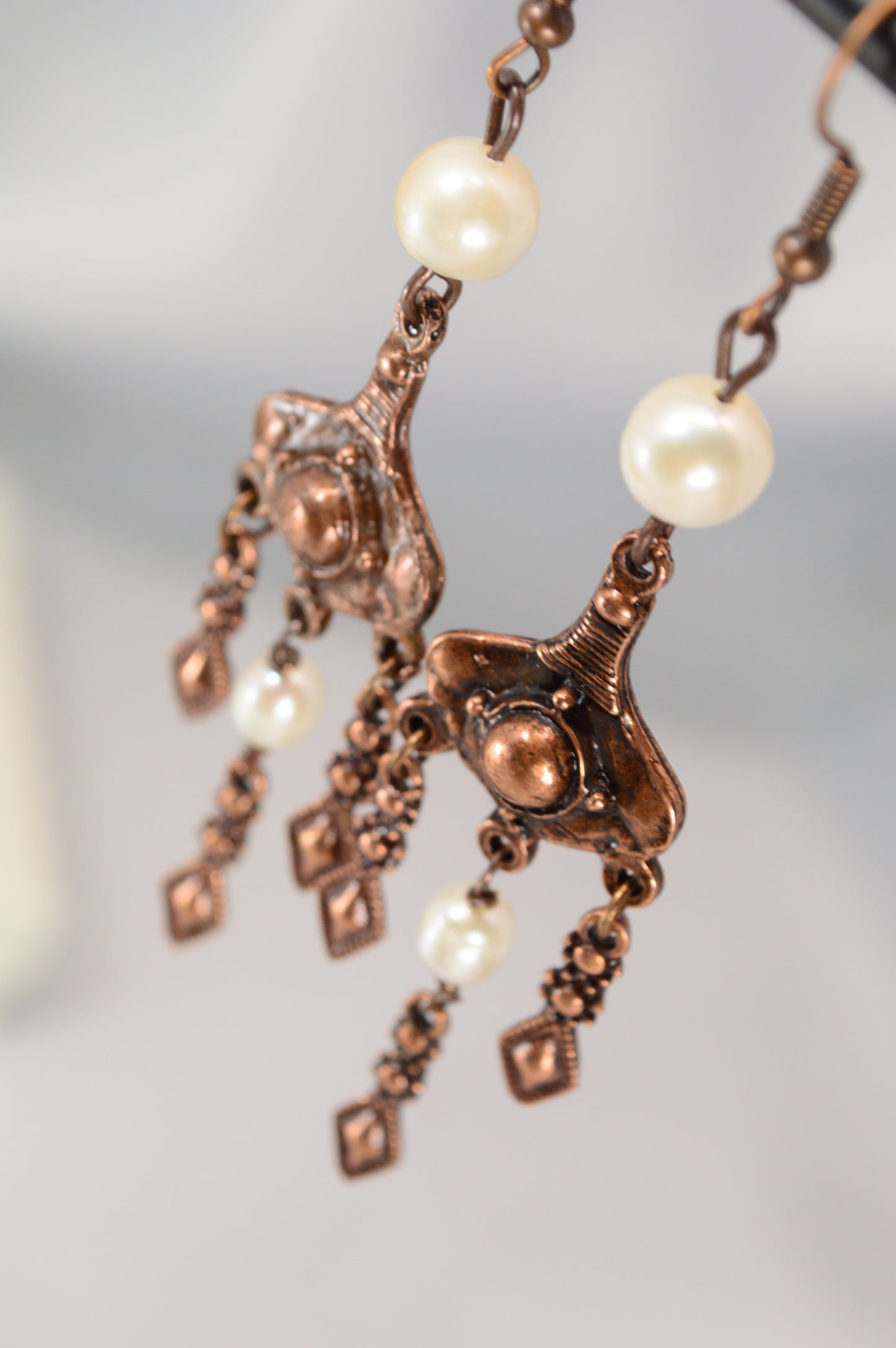 Boho Pearl Dangle Earrings in Bronze & Copper – 8 cm / 3.1