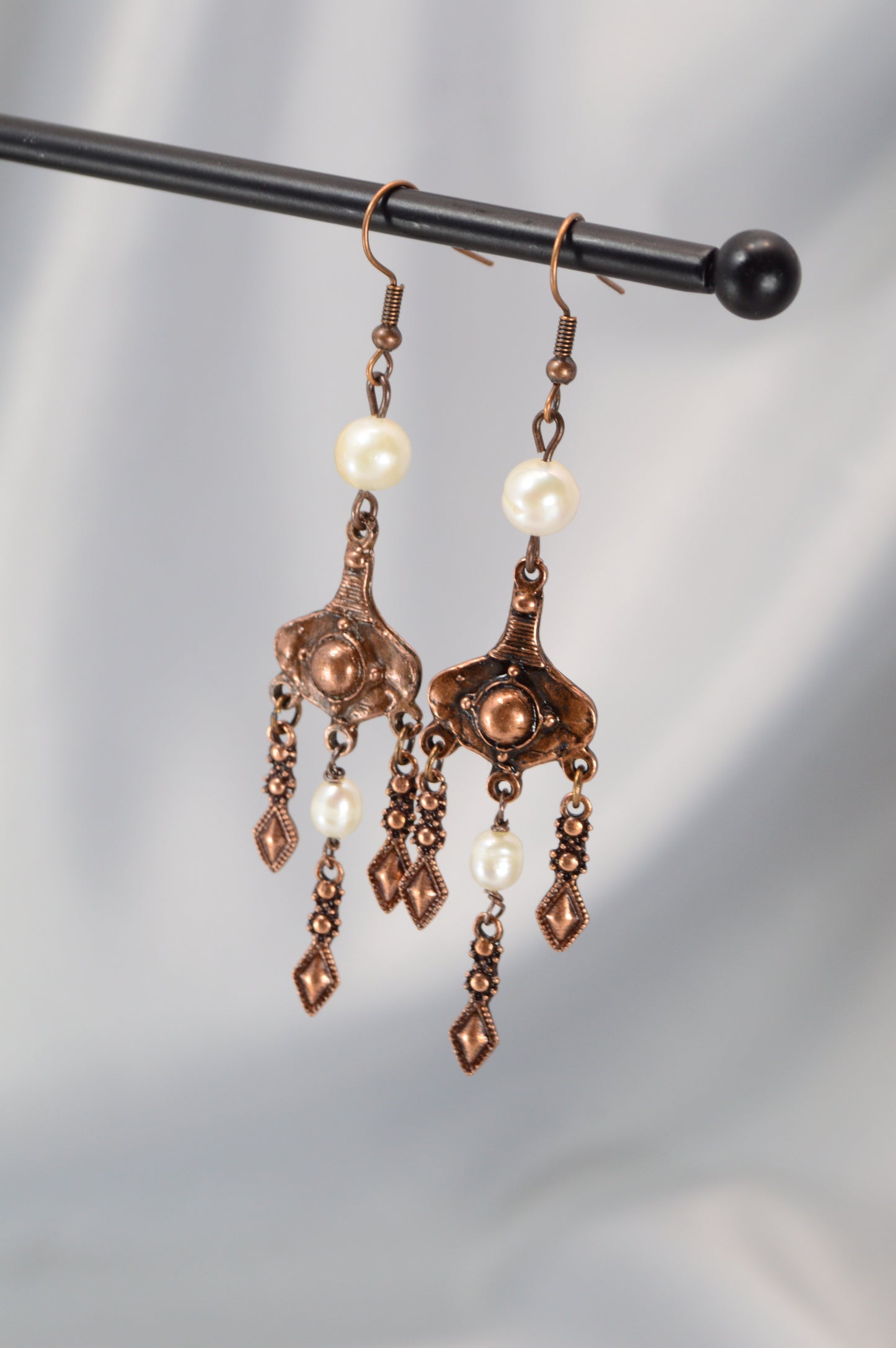 Boho Pearl Dangle Earrings in Bronze & Copper – 8 cm / 3.1