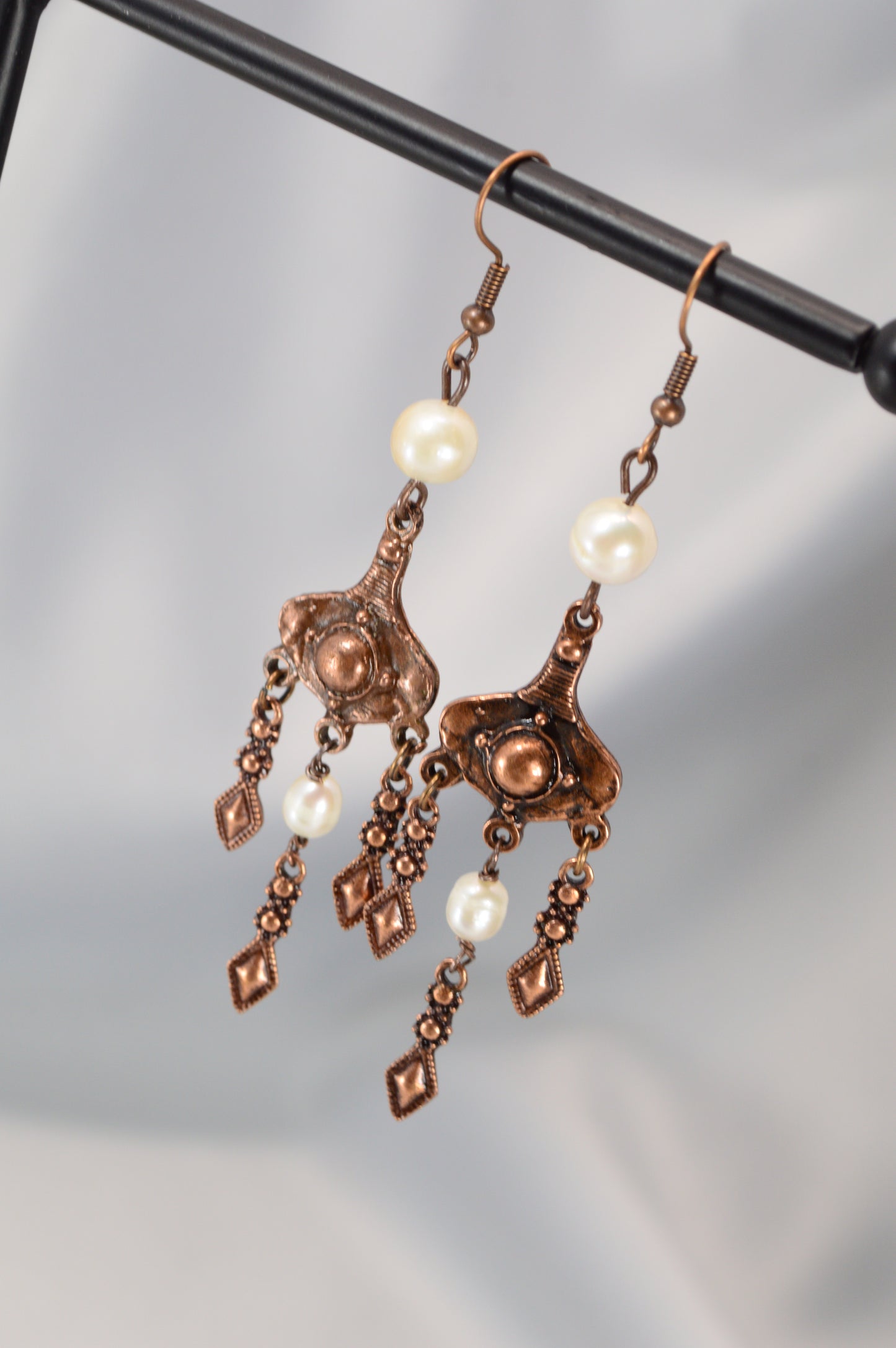 Boho Pearl Dangle Earrings in Bronze & Copper – 8 cm / 3.1