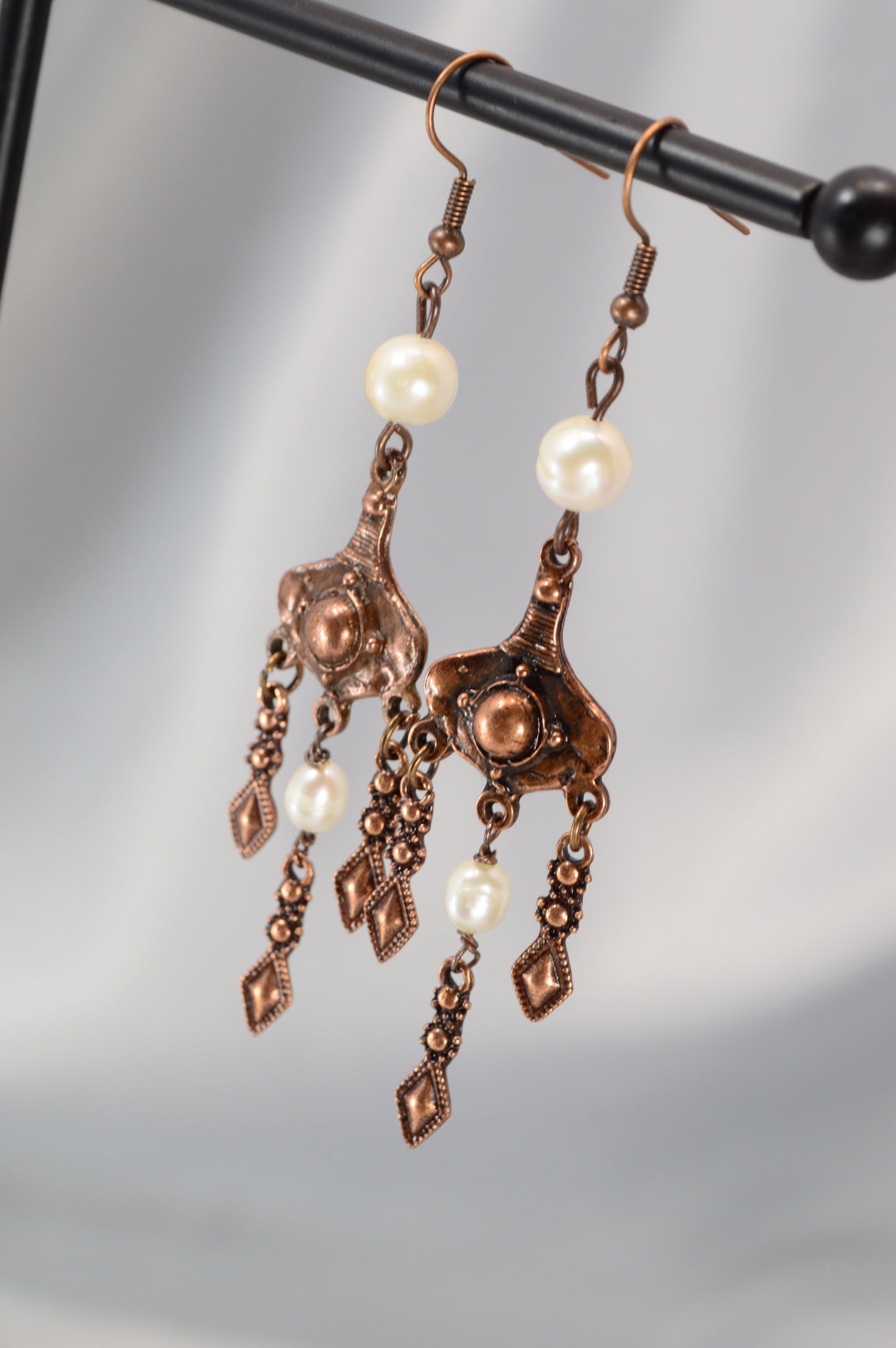 Boho Pearl Dangle Earrings in Bronze & Copper – 8 cm / 3.1