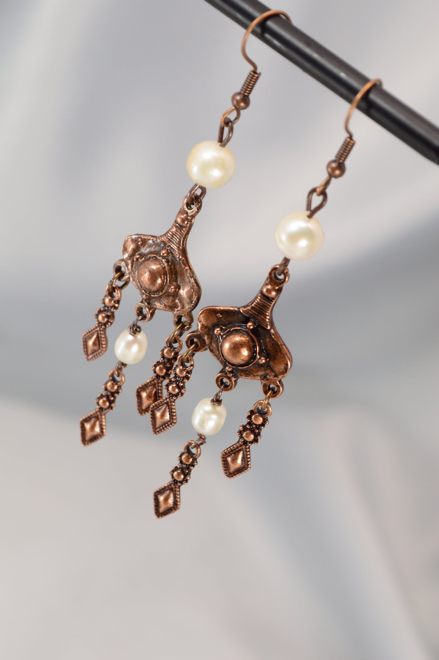 Boho Pearl Dangle Earrings in Bronze & Copper – 8 cm / 3.1