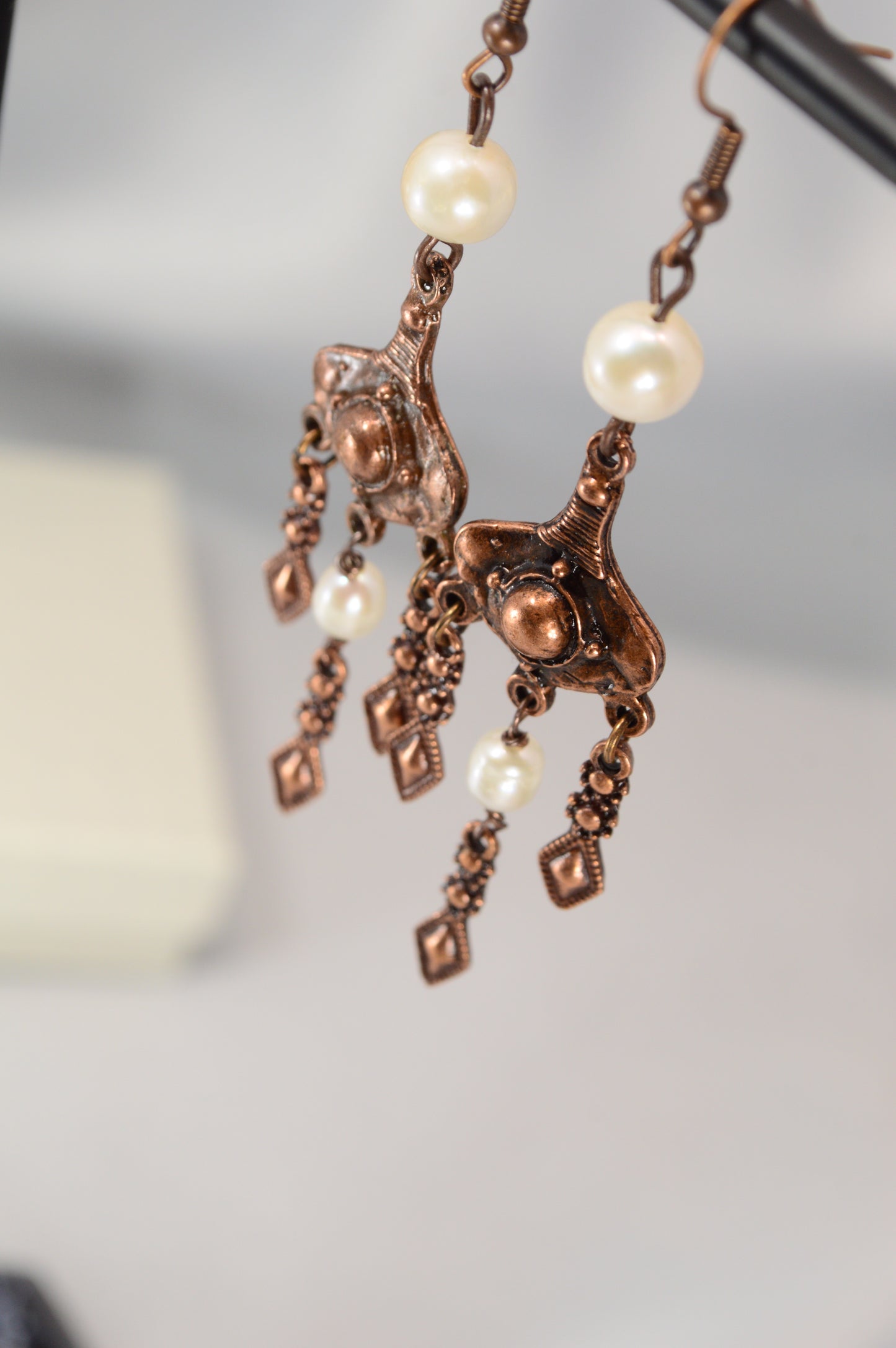 Boho Pearl Dangle Earrings in Bronze & Copper – 8 cm / 3.1