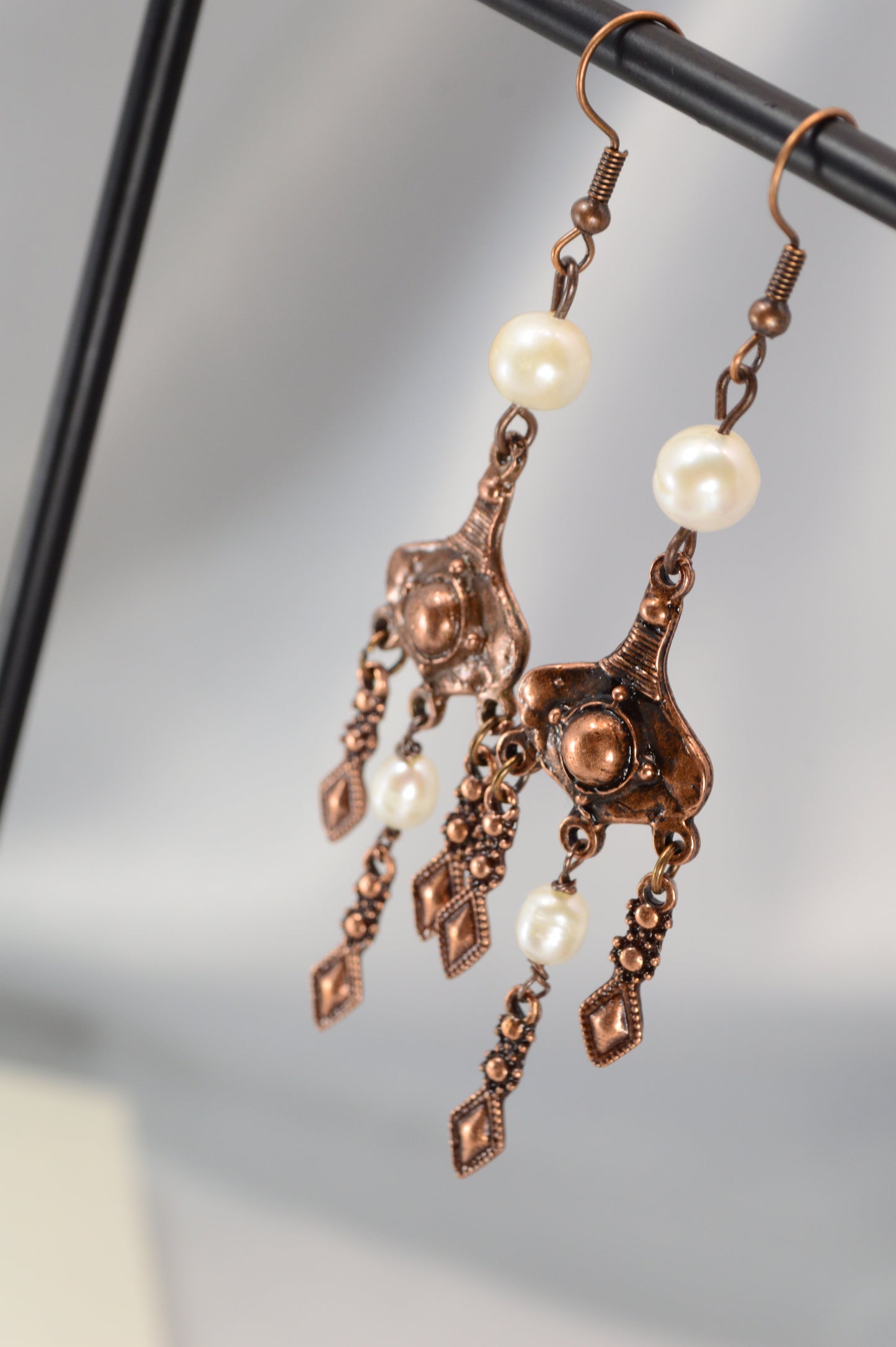 Boho Pearl Dangle Earrings in Bronze & Copper – 8 cm / 3.1