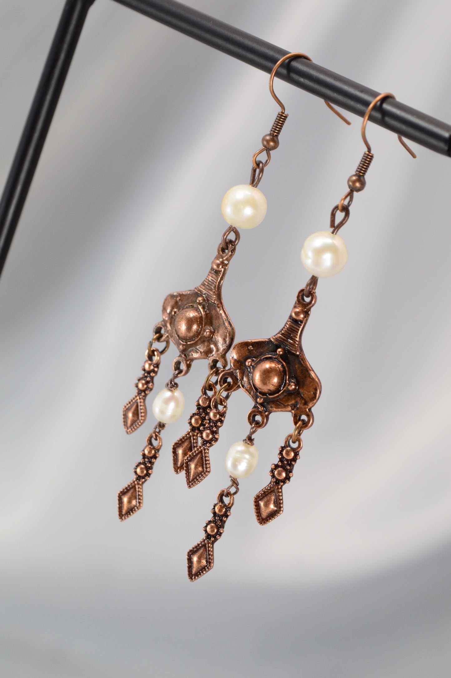 Boho Pearl Dangle Earrings in Bronze & Copper – 8 cm / 3.1