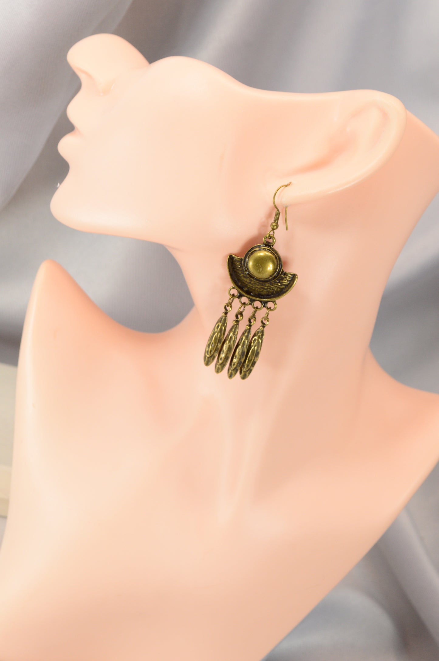 Boho Crescent Dangle Earrings in Silver & Bronze – 7.5 cm / 3"