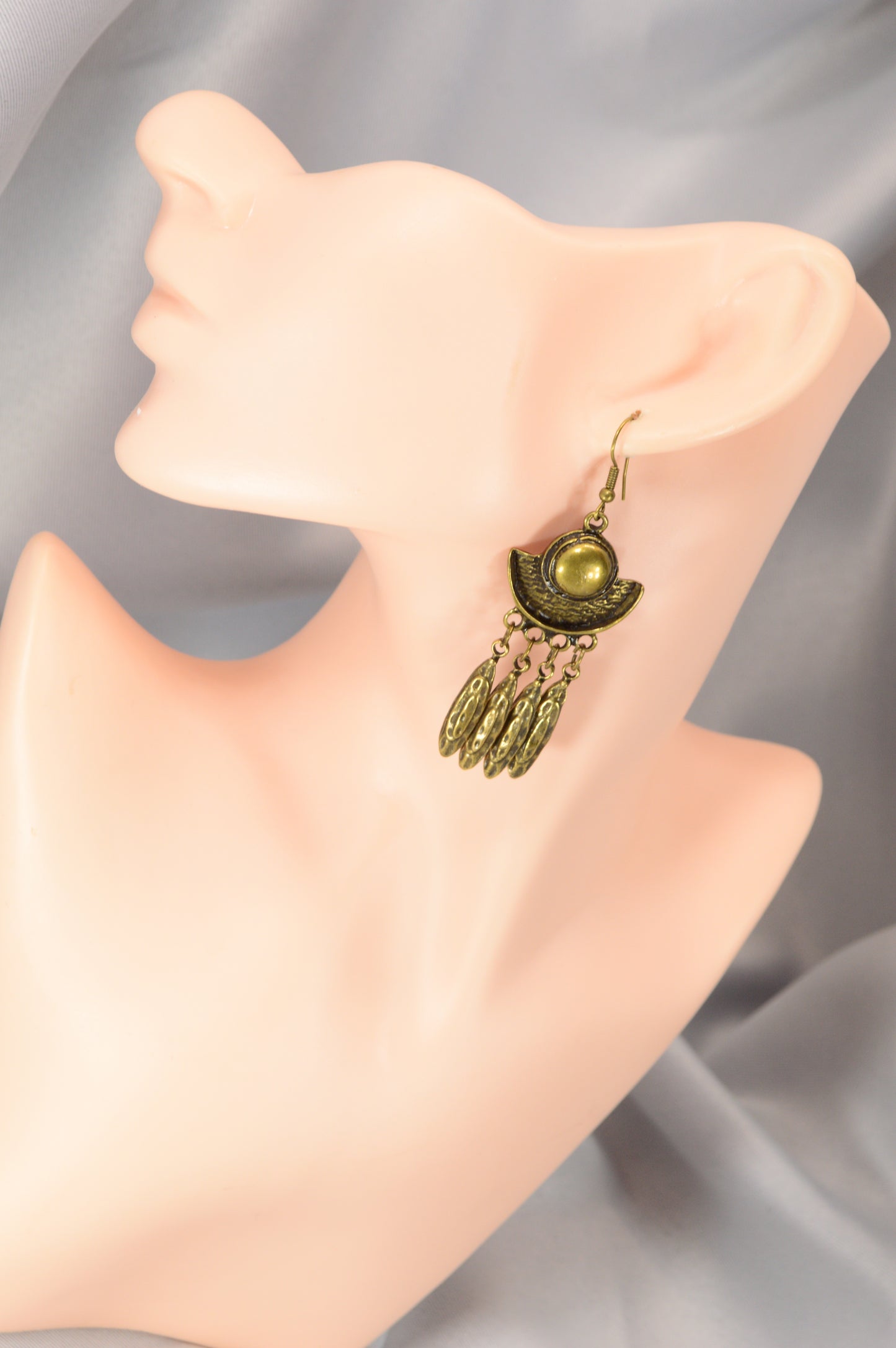 Boho Crescent Dangle Earrings in Silver & Bronze – 7.5 cm / 3"