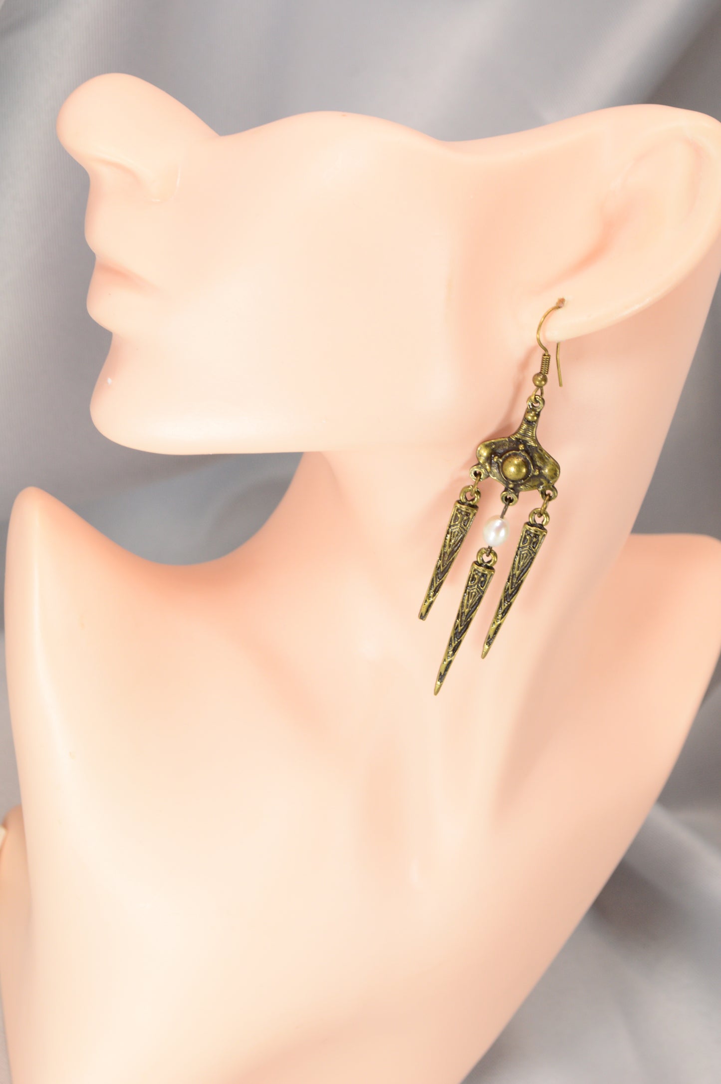 Boho Tribal Pearl Dangle Earrings in Silver & Bronze 10cm - 4"