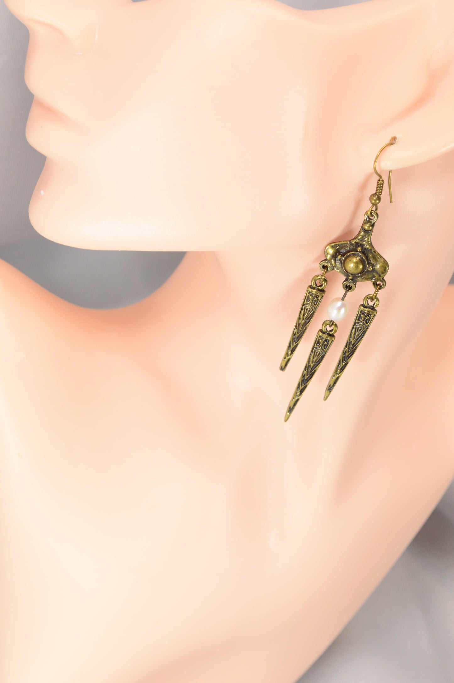 Boho Tribal Pearl Dangle Earrings in Silver & Bronze 10cm - 4"