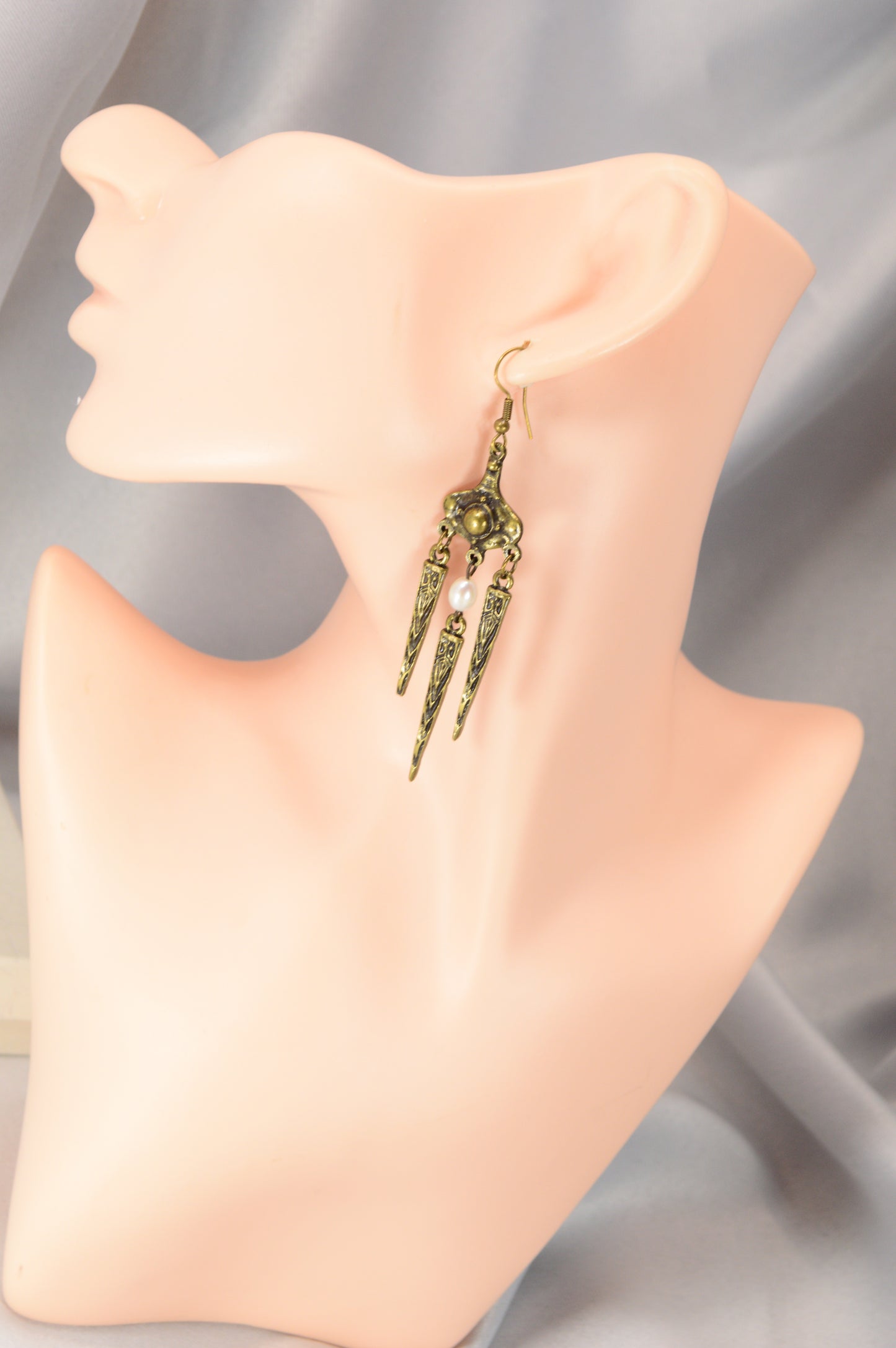 Boho Tribal Pearl Dangle Earrings in Silver & Bronze 10cm - 4"