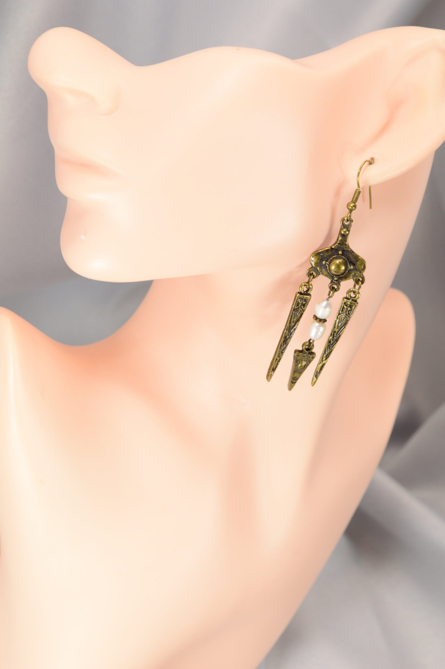 Boho Tribal Pearl Spike Earrings – Bronze – 8 cm / 3.1"