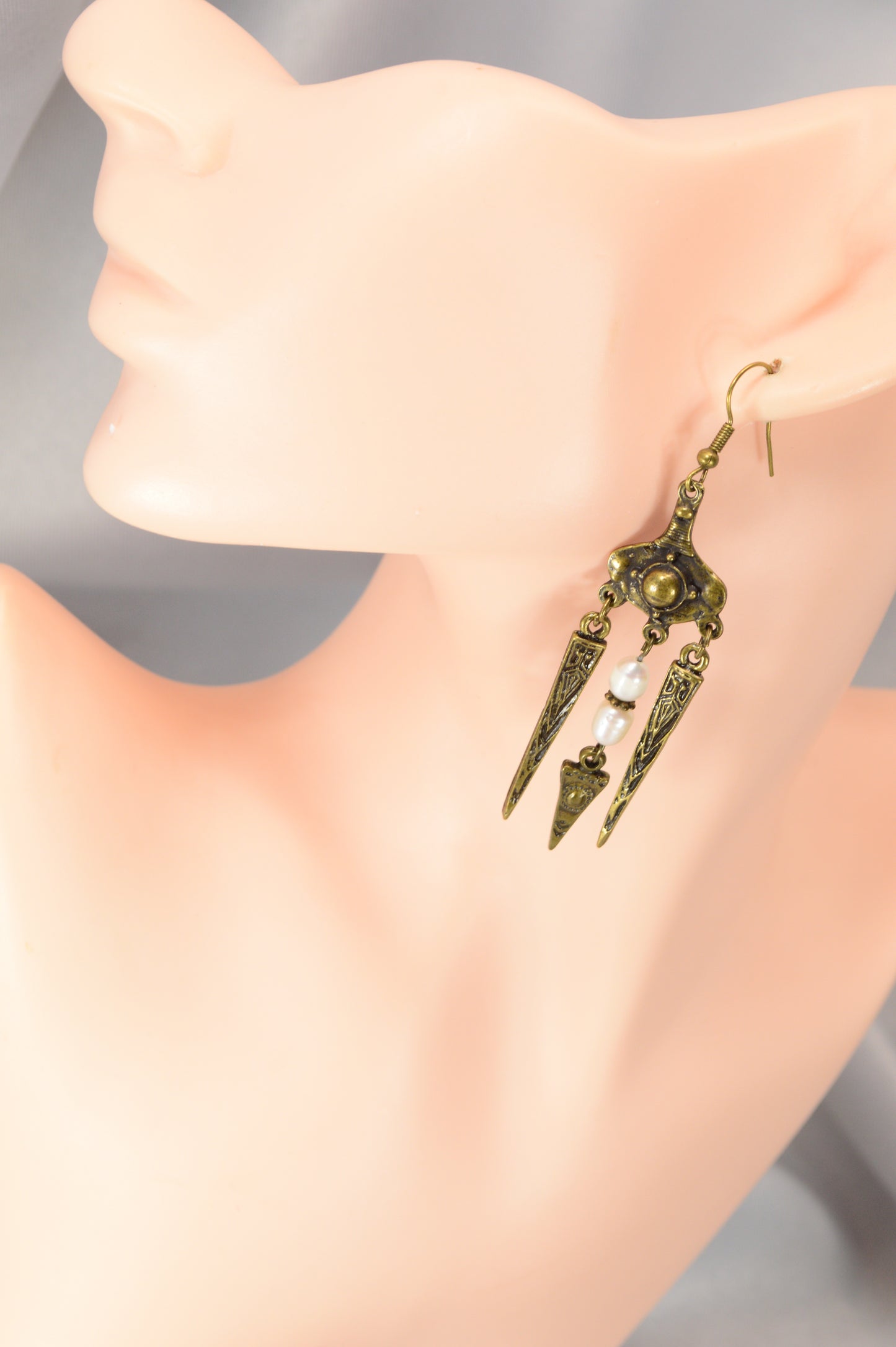 Boho Tribal Pearl Spike Earrings – Bronze – 8 cm / 3.1"