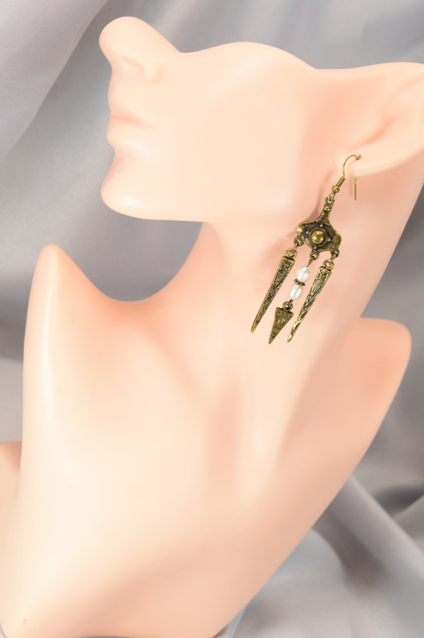 Boho Tribal Pearl Spike Earrings – Bronze – 8 cm / 3.1"