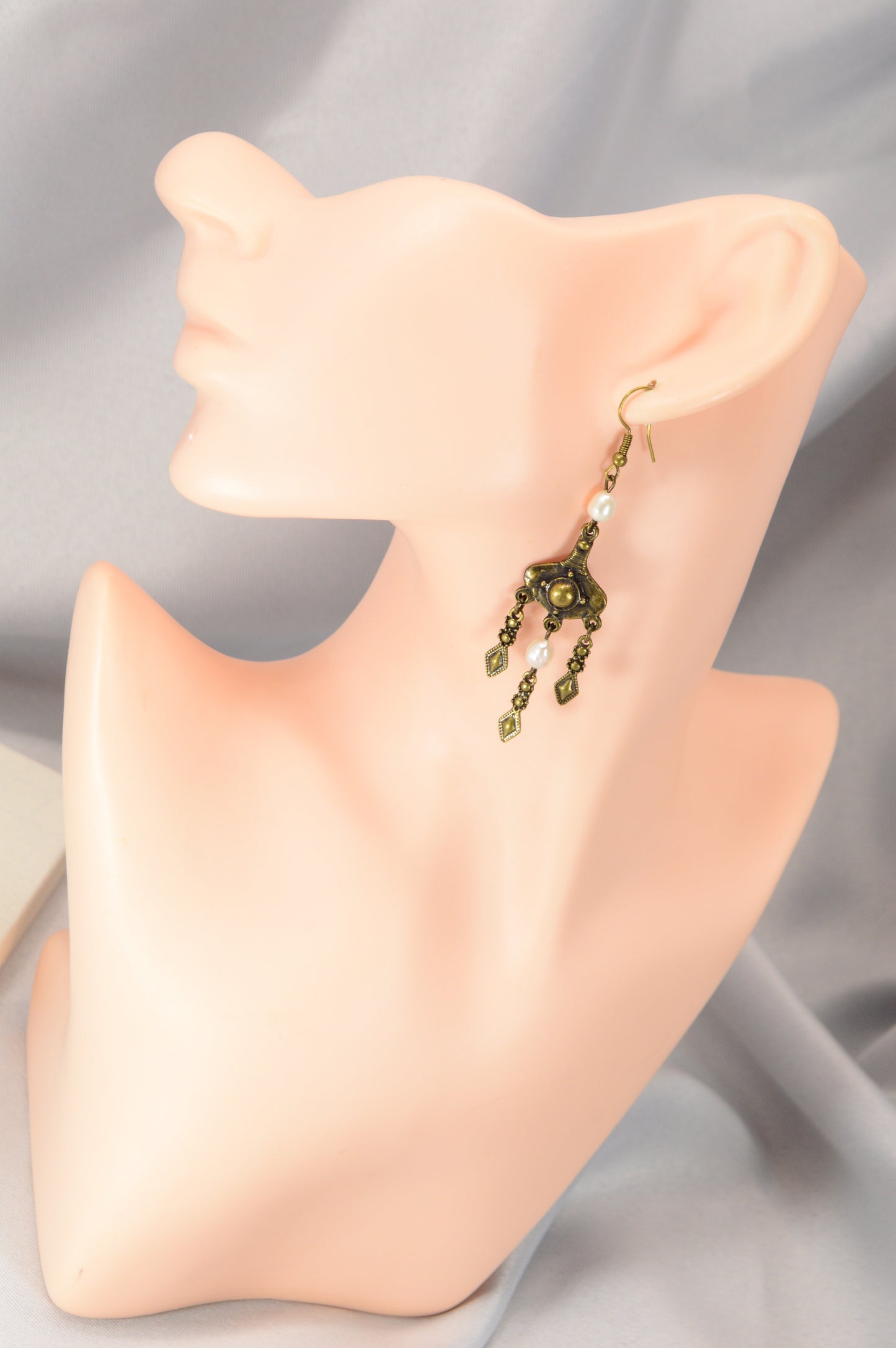 Boho Pearl Dangle Earrings in Bronze & Copper – 8 cm / 3.1