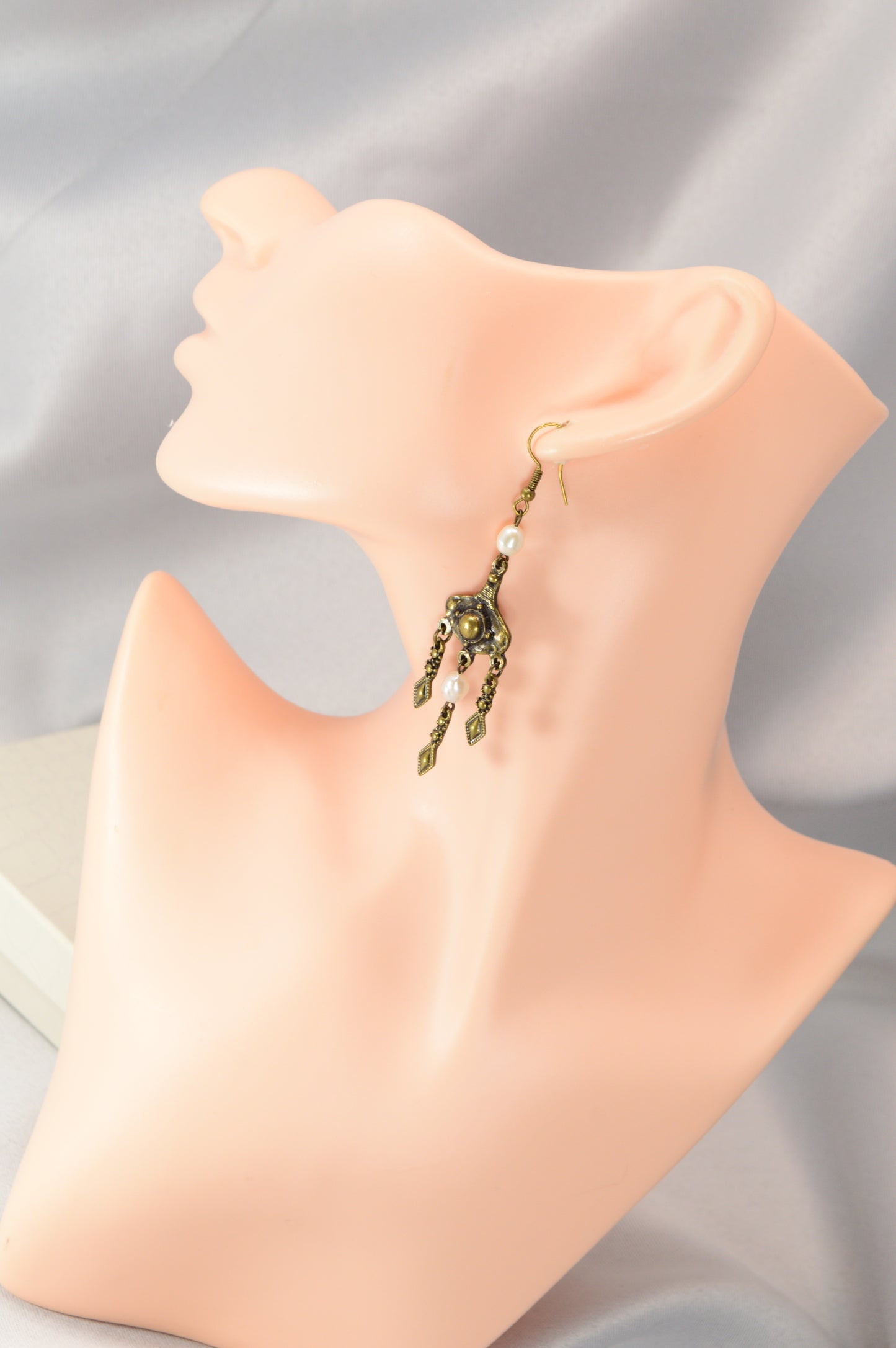 Boho Pearl Dangle Earrings in Bronze & Copper – 8 cm / 3.1