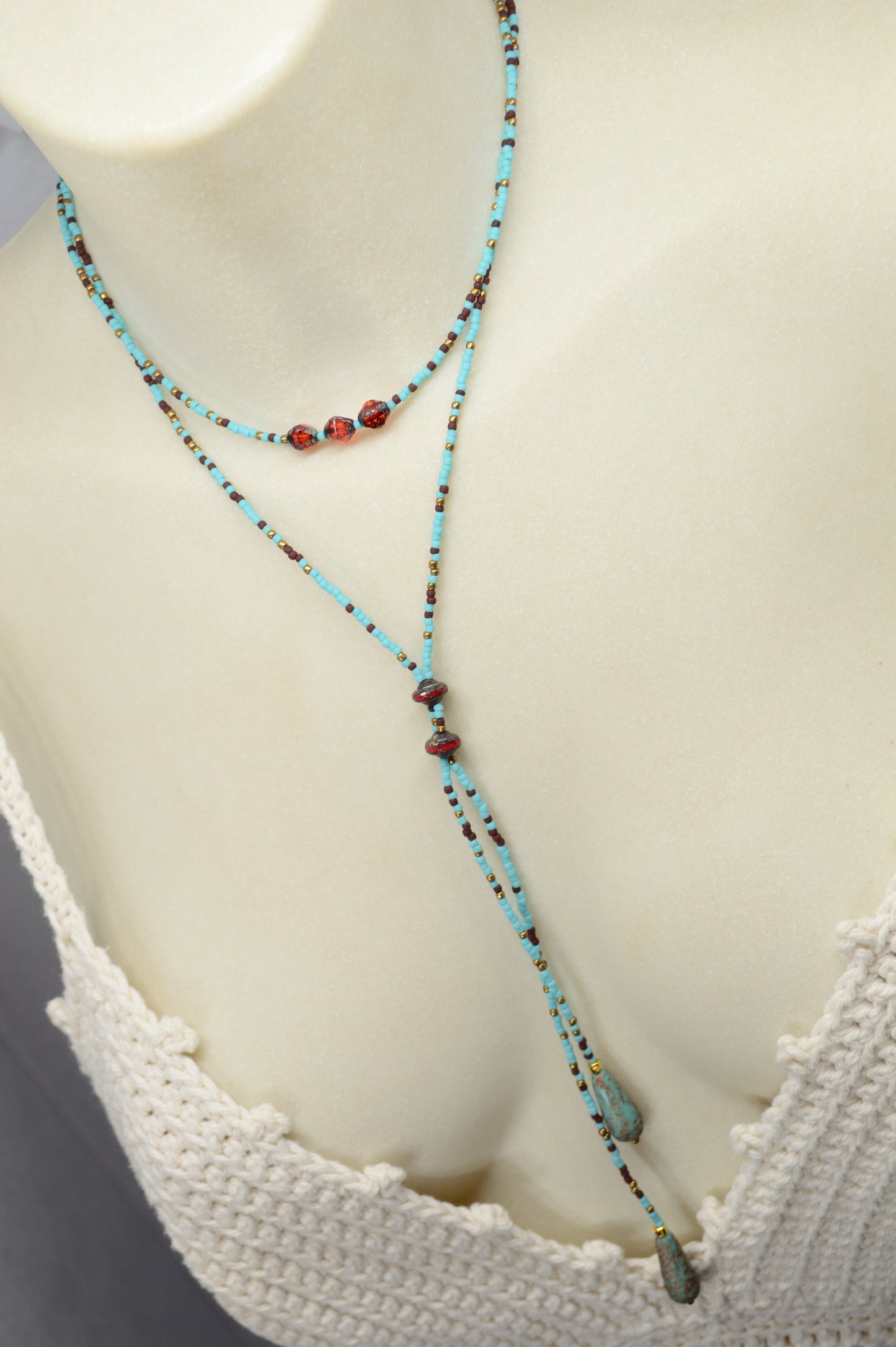 Turquoise Beaded Lariat Necklace with Glass Beads – Adjustable Boho Y Necklace