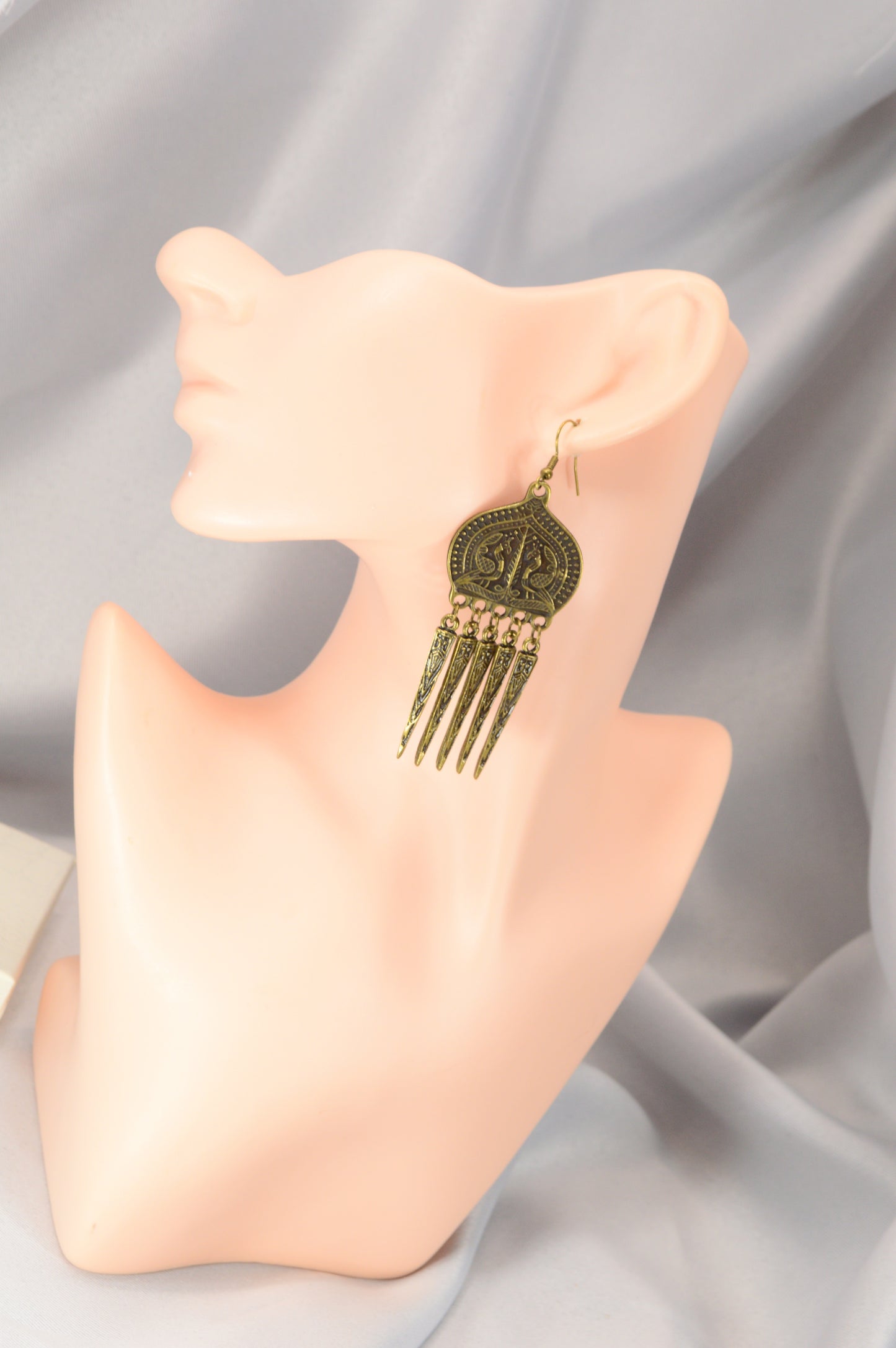 Boho Ethnic Peacock Dangle Earrings – Bronze – 9 cm / 3.5"